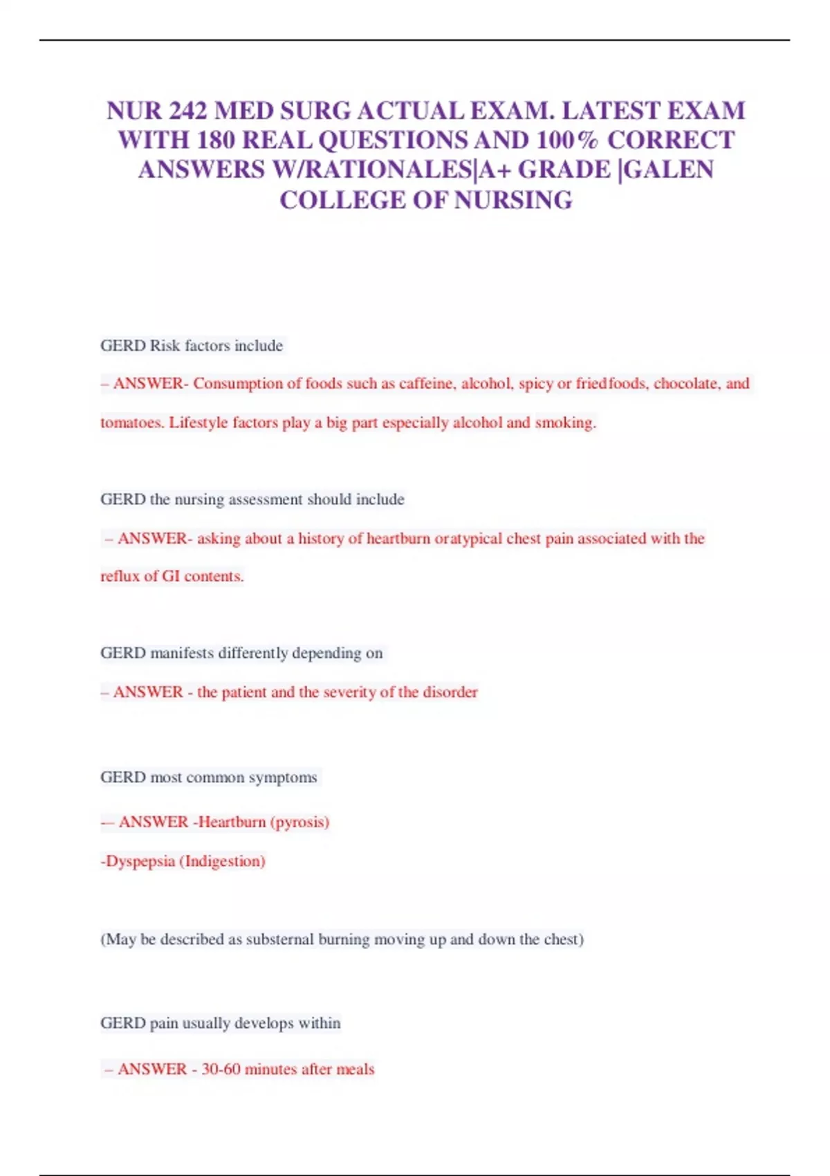 NUR 242 MED SURG ACTUAL EXAM. LATEST EXAM WITH 180 REAL QUESTIONS AND ...