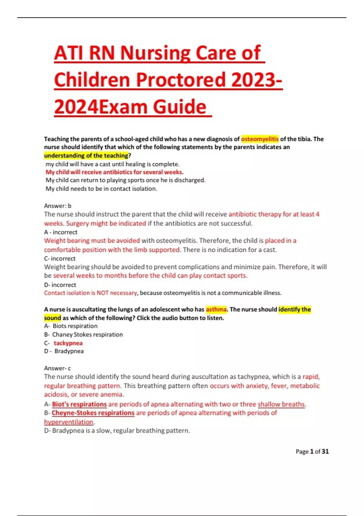 ATI RN Nursing Care of Children Proctored Exam Guide - ATI RN Nursing ...