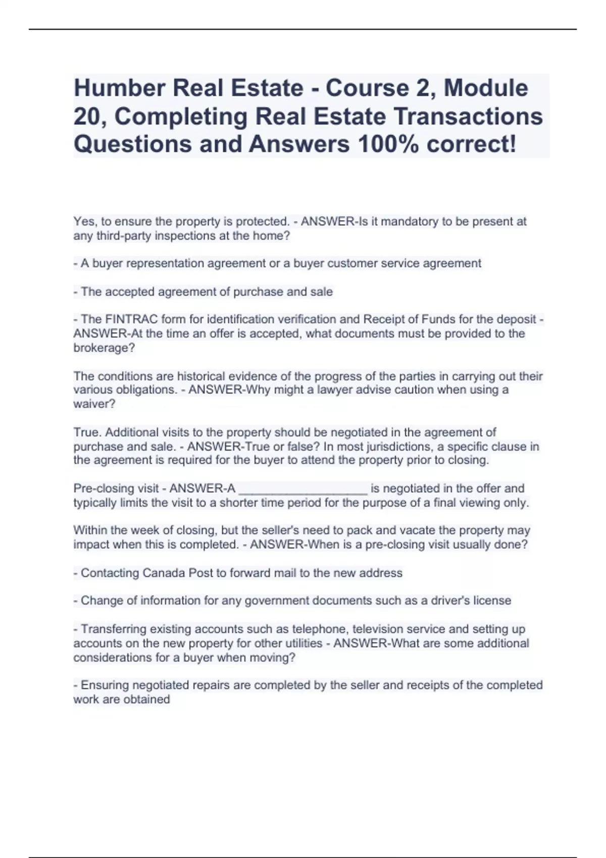 Humber Real Estate Course 2, Module 20, Completing Real Estate