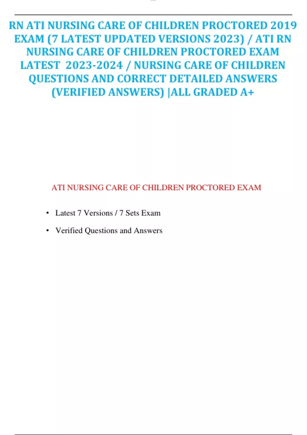 RN ATI NURSING CARE OF CHILDREN PROCTORED 2019 EXAM (7 LATEST UPDATED ...