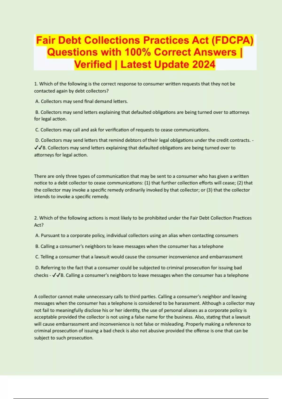Fair Debt Collections Practices Act (FDCPA) Questions with 100 Correct