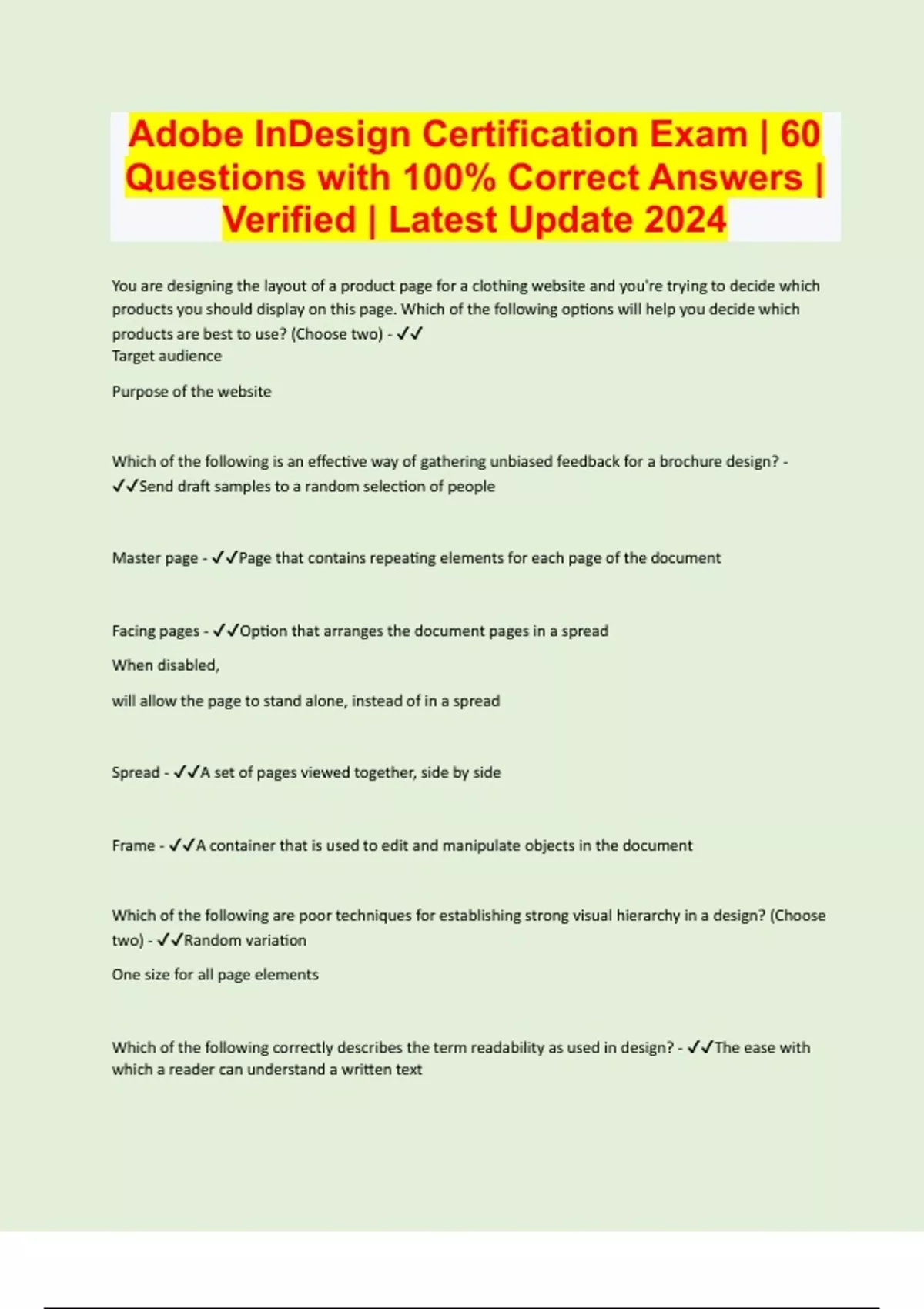 Adobe InDesign Certification Exam 60 Questions with 100 Correct