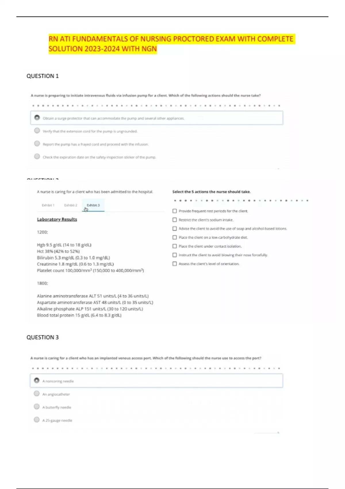 RN ATI FUNDAMENTALS OF NURSING PROCTORED EXAM WITH COMPLETE SOLUTION ...
