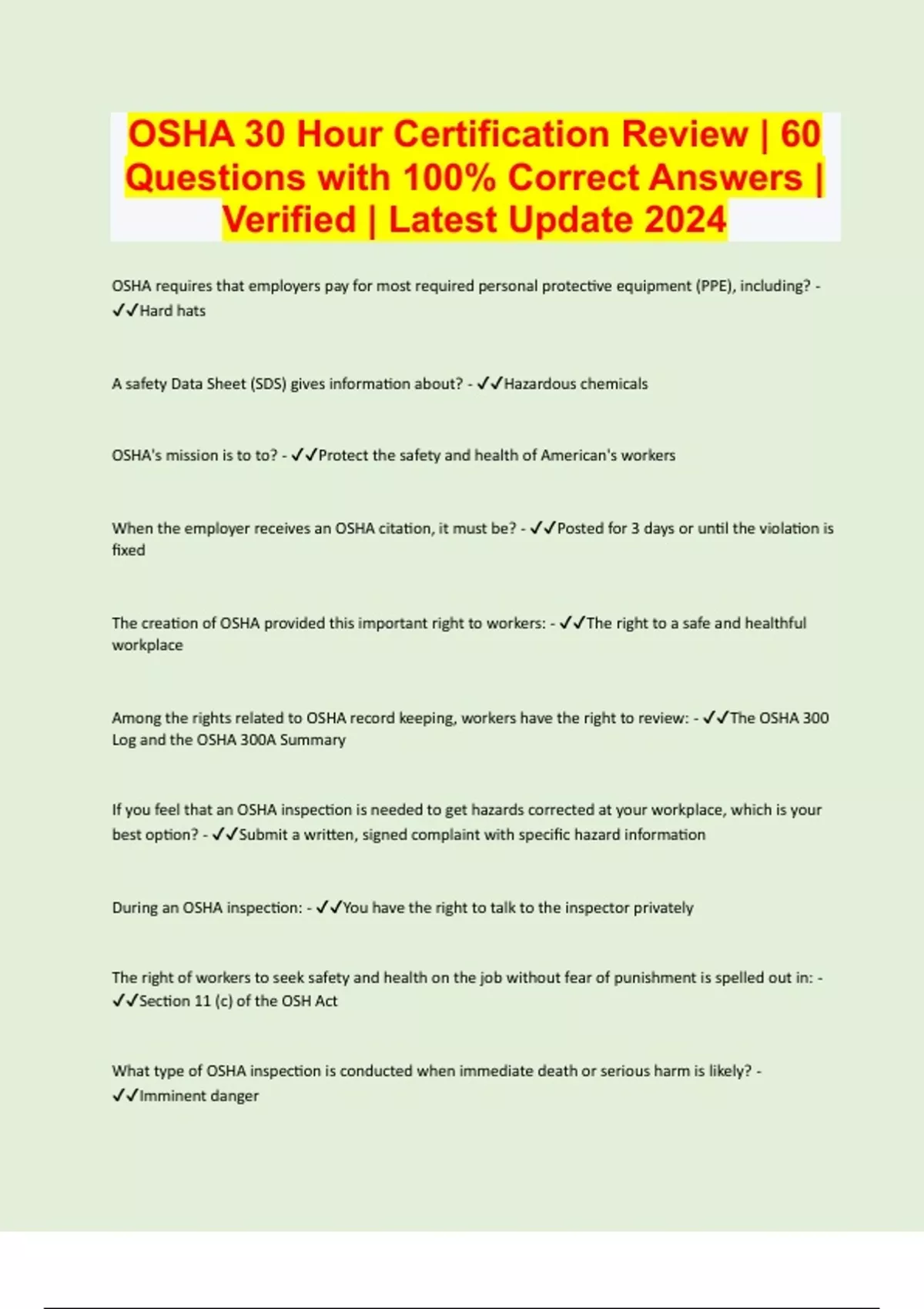OSHA 30 Hour Certification Review | 60 Questions with 100% Correct ...