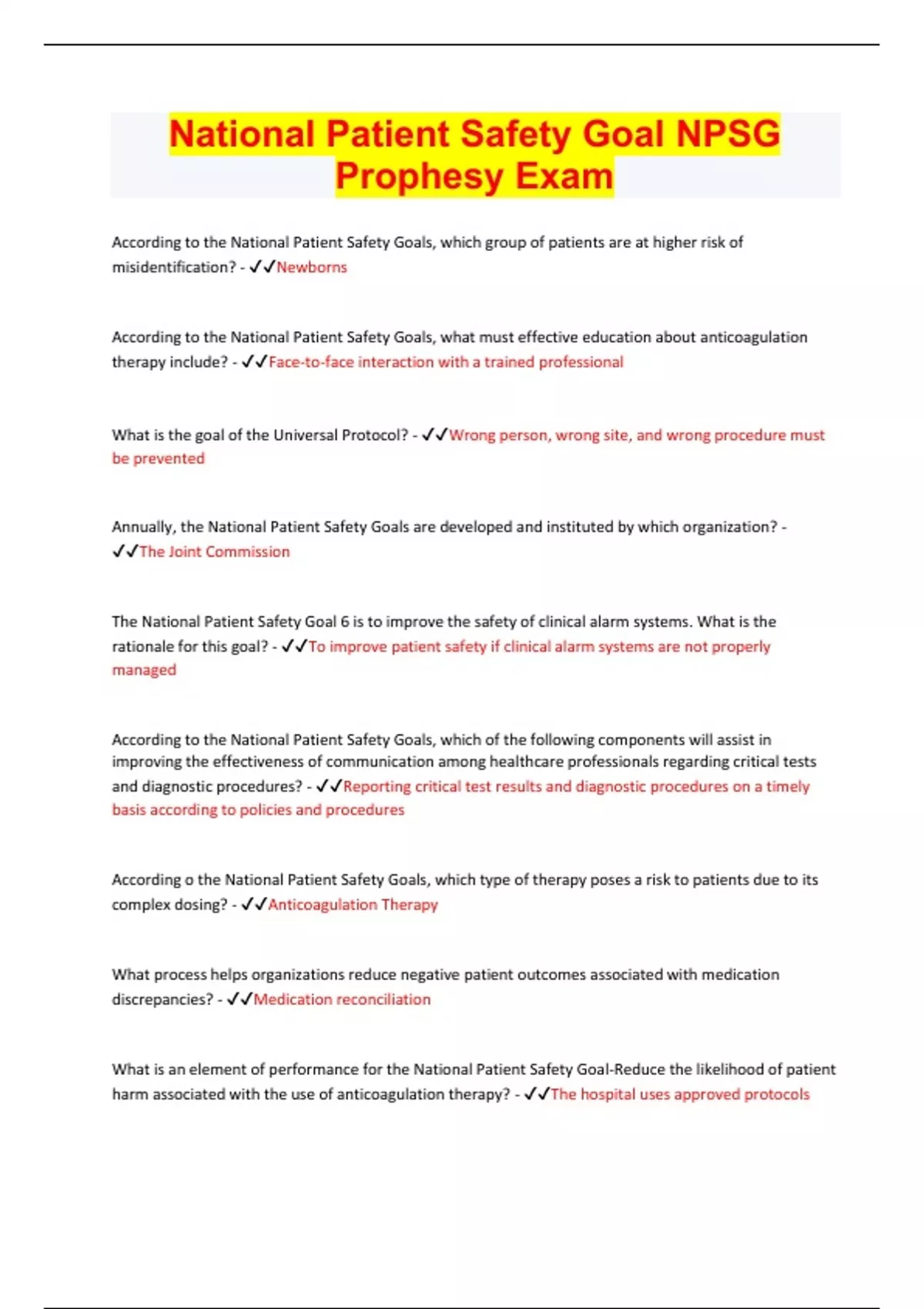 National Patient Safety Goal NPSG Prophesy Exam Questions with 100