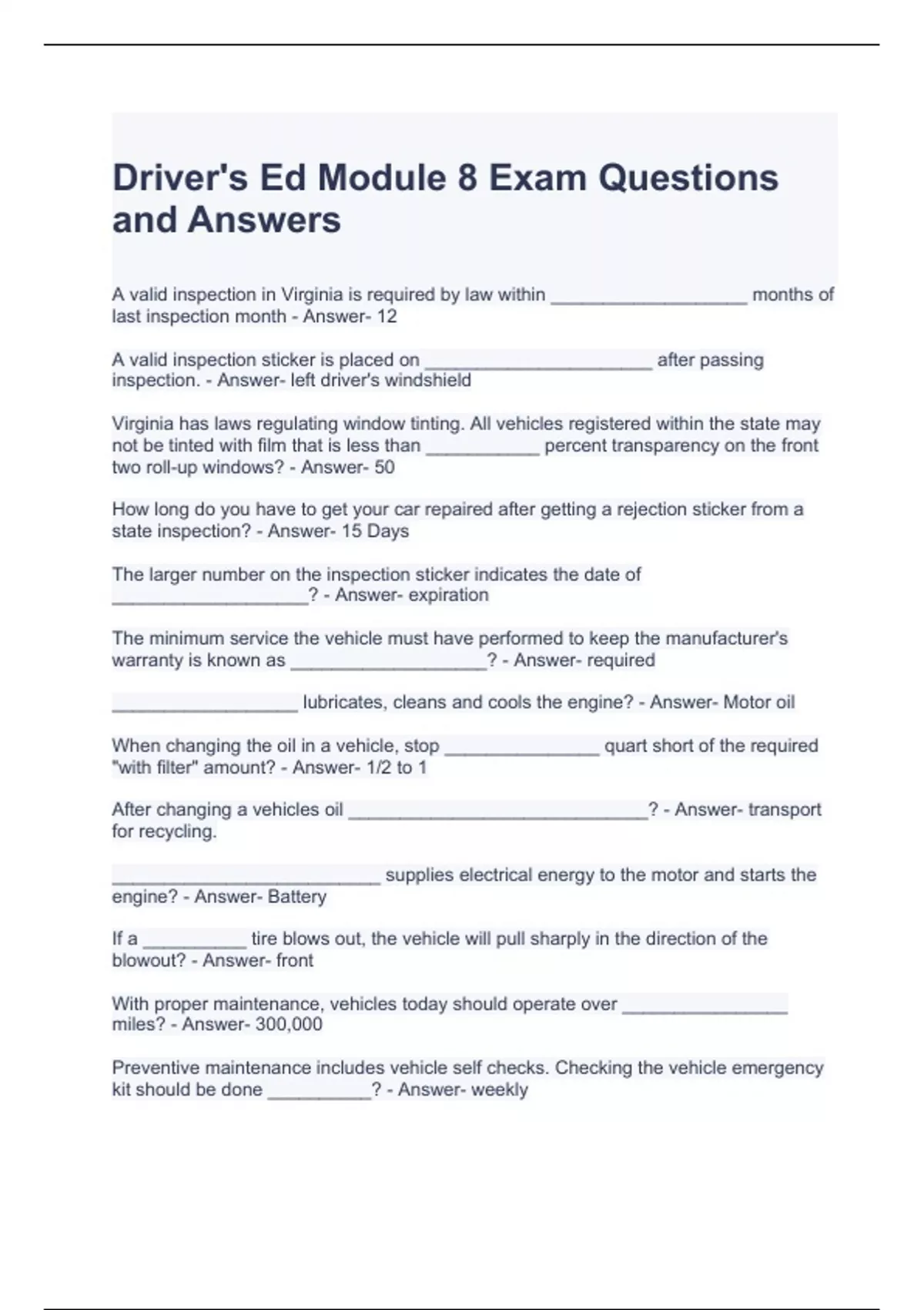 Driver's Ed Module 8 Exam Questions and Answers VADETS Stuvia US