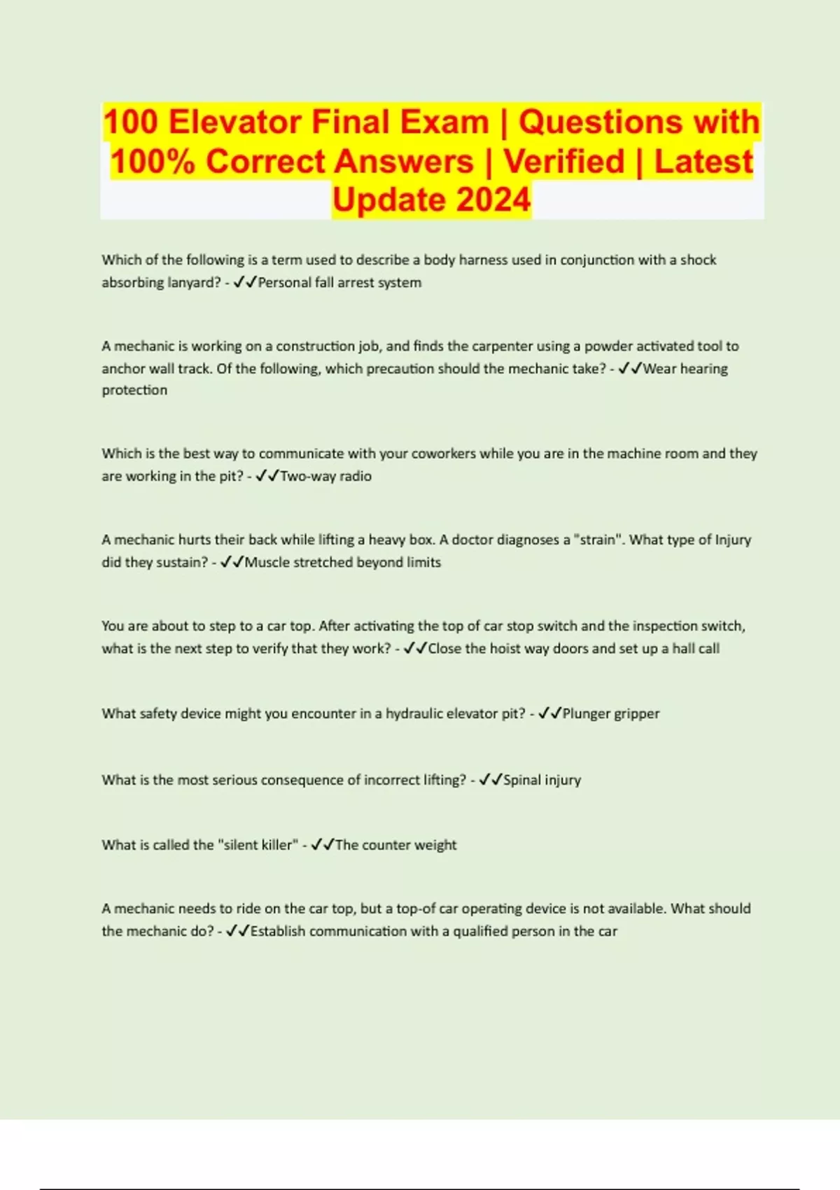 100 Elevator Final Exam Questions with 100 Correct Answers Verified Latest Update 2024