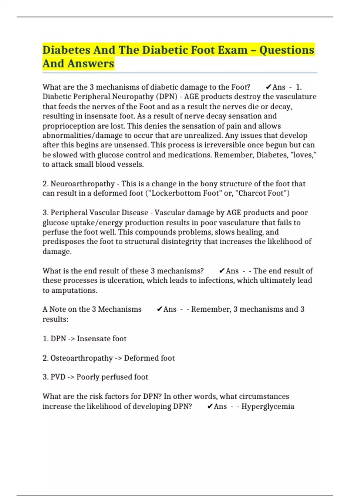 Diabetes And The Diabetic Foot Exam Questions And Answers CDFE