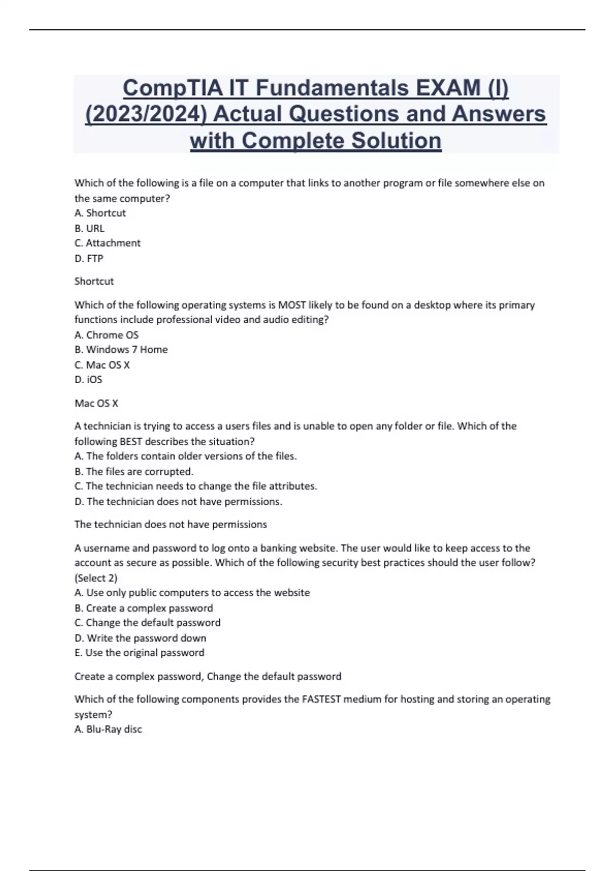 CompTIA IT Fundamentals EXAM (I) (2023/2024) Actual Questions and ...