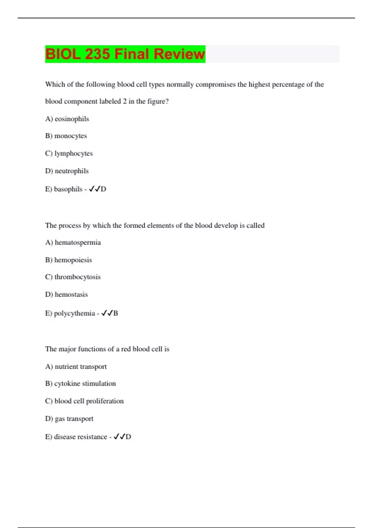 BIOL 235 Final Review Questions with 100% Correct Answers | Latest ...