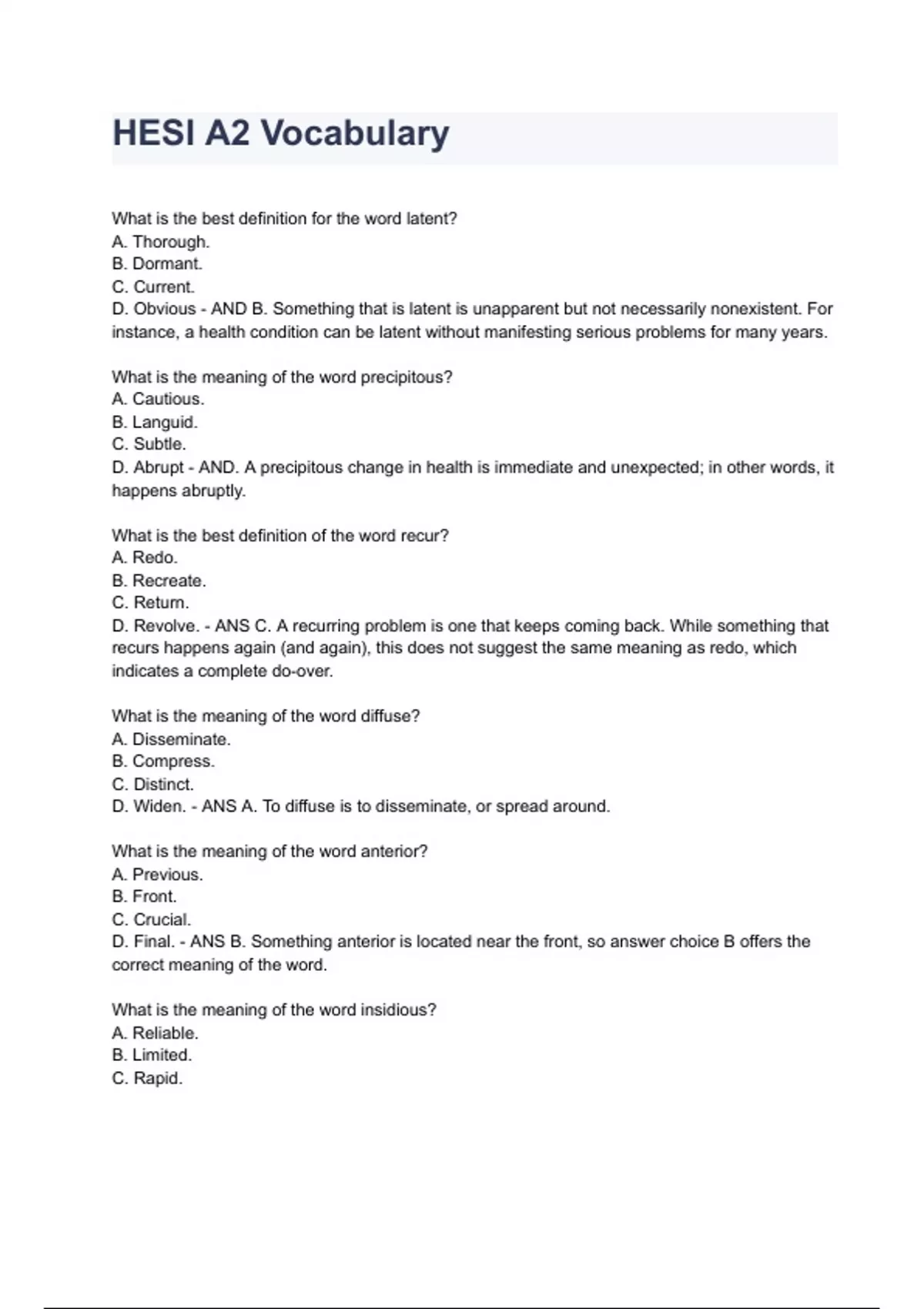 HESI A2 Vocabulary 2024 Questions With Complete Solutions. - HESI A2 V2 ...