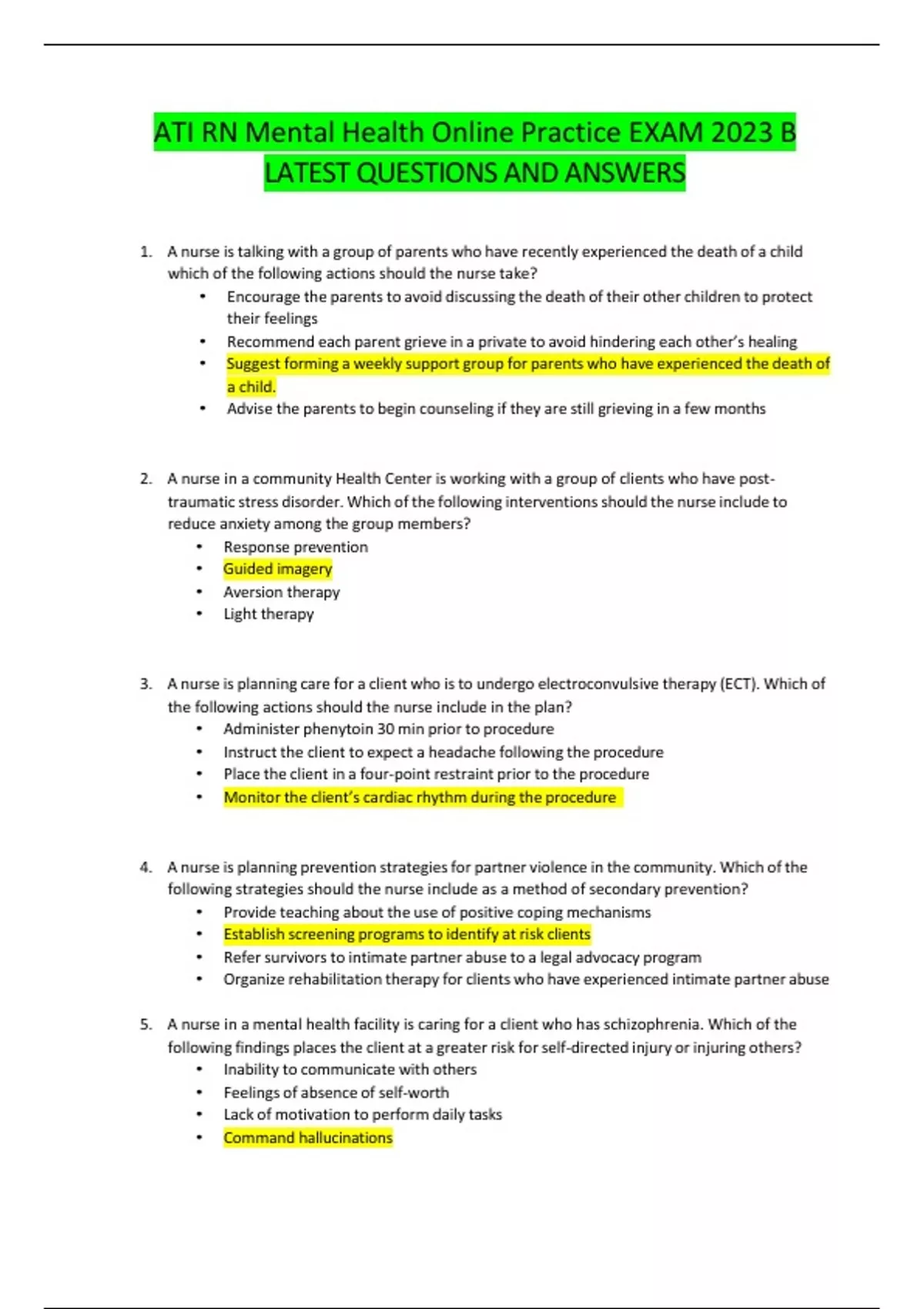 ATI RN Mental Health Online Practice EXAM B LATEST QUESTIONS AND ...