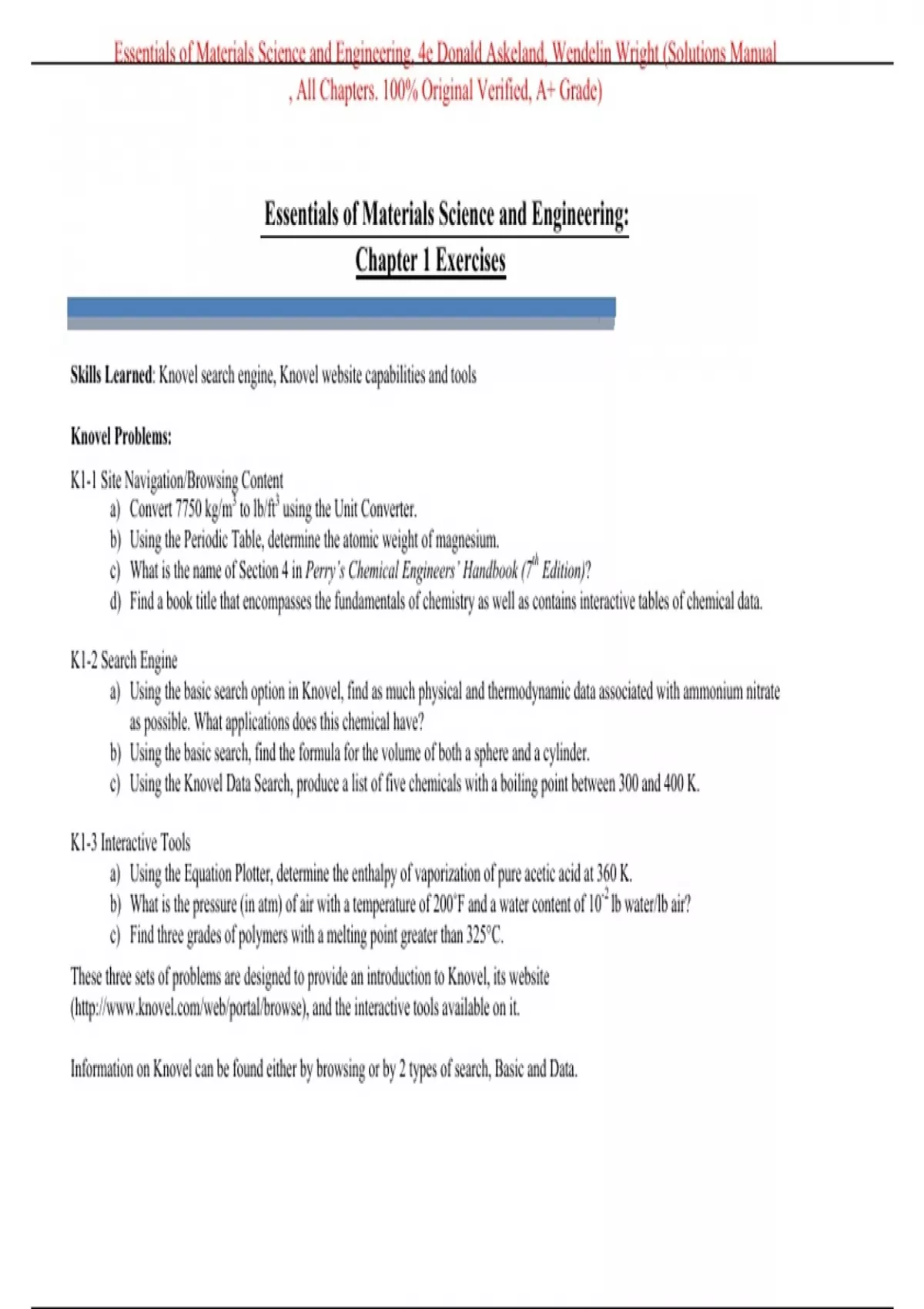 Solutions Manual for Essentials of Materials Science and Engineering ...