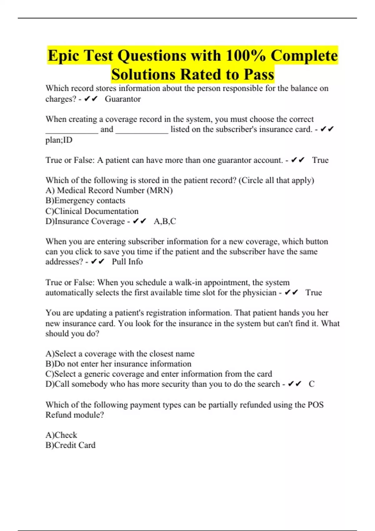 Epic Test Questions with 100 Complete Solutions Rated to Pass Stuvia US