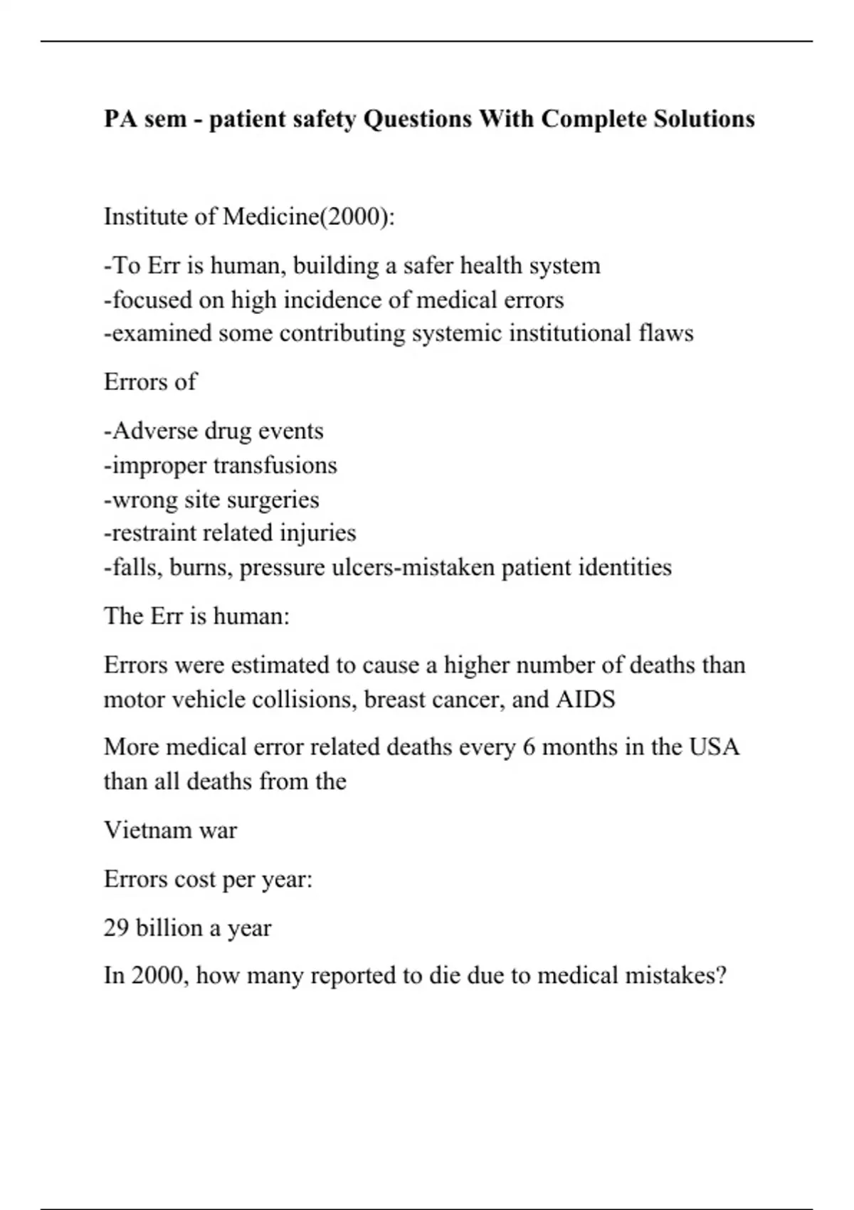 PA sem patient safety Questions With Complete Solutions Stuvia US
