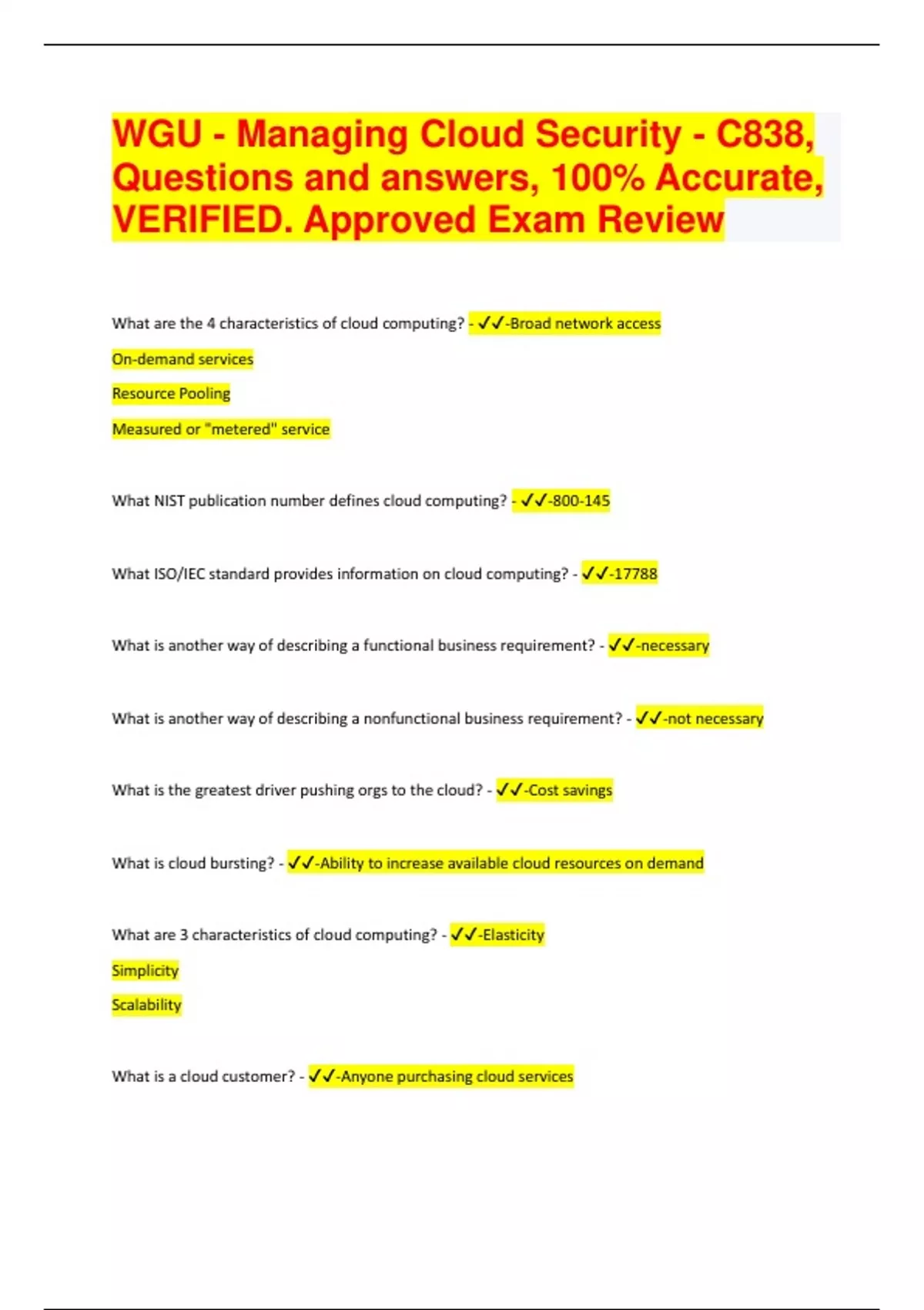 WGU Managing Cloud Security C838 Questions And Answers 100 Wgu managing cloud security c838 questions and answers 100