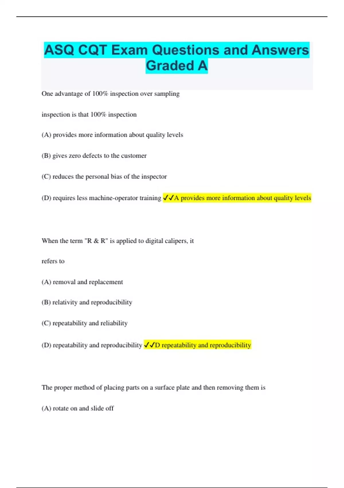 ASQ CQT Exam Questions and Answers Graded A ASQ CQT Stuvia US