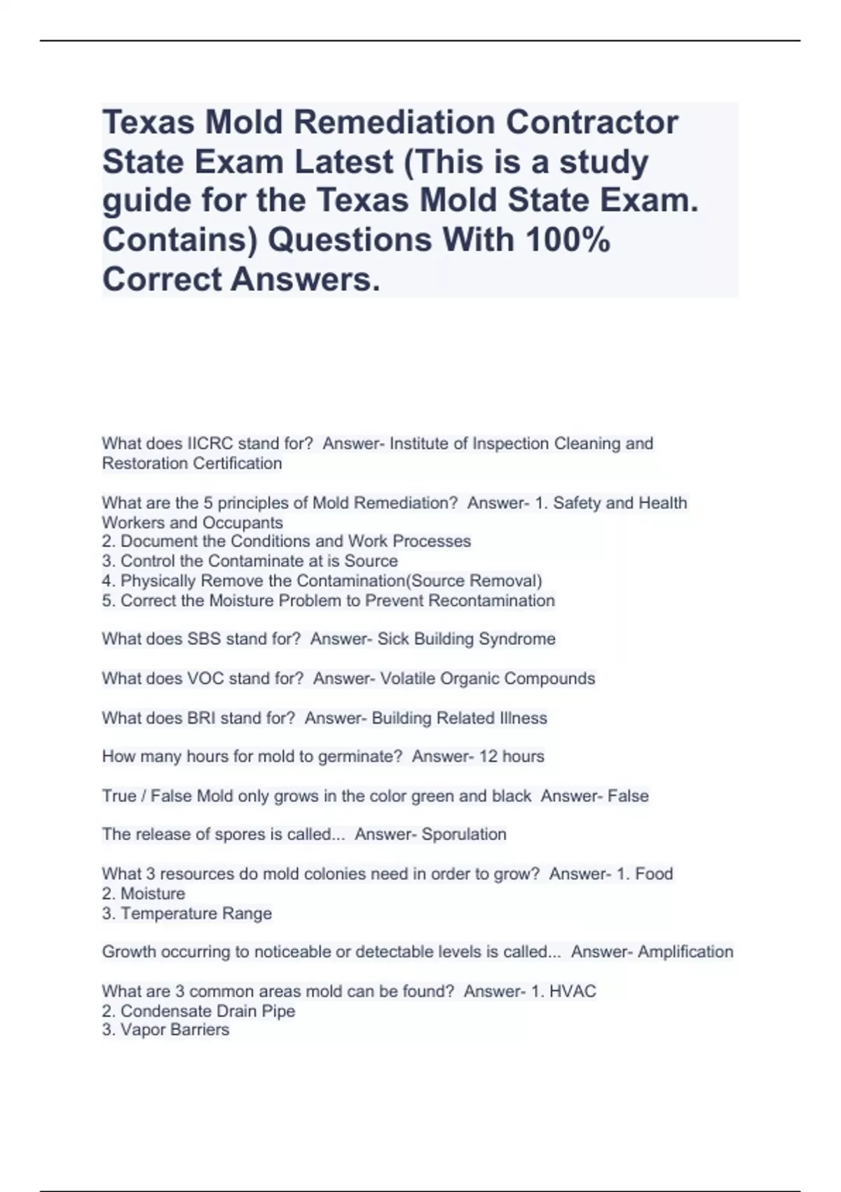 Texas Mold Remediation Contractor State Exam Latest (This is a study