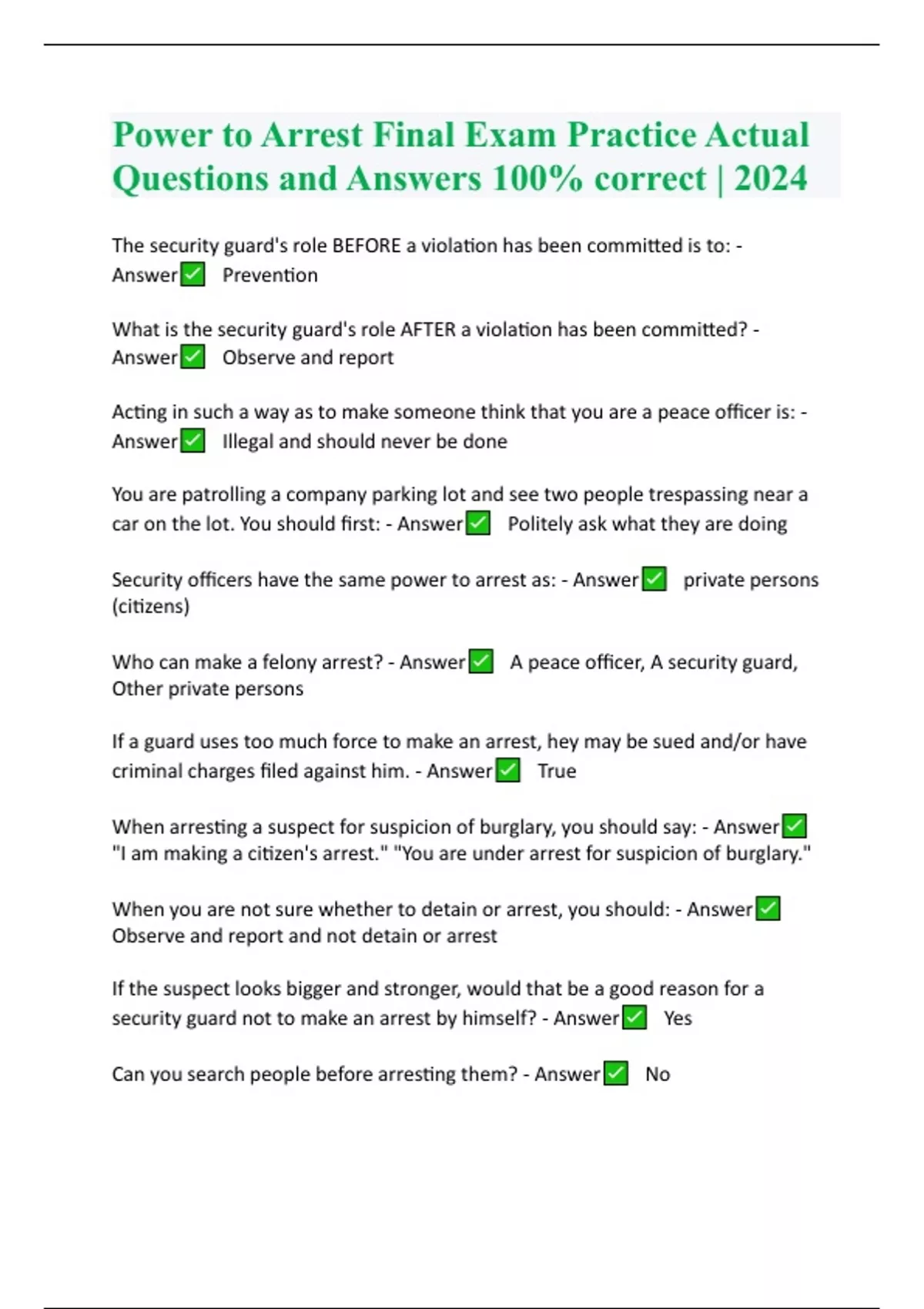 Power to Arrest Final Exam Practice Actual Questions and Answers 100% ...