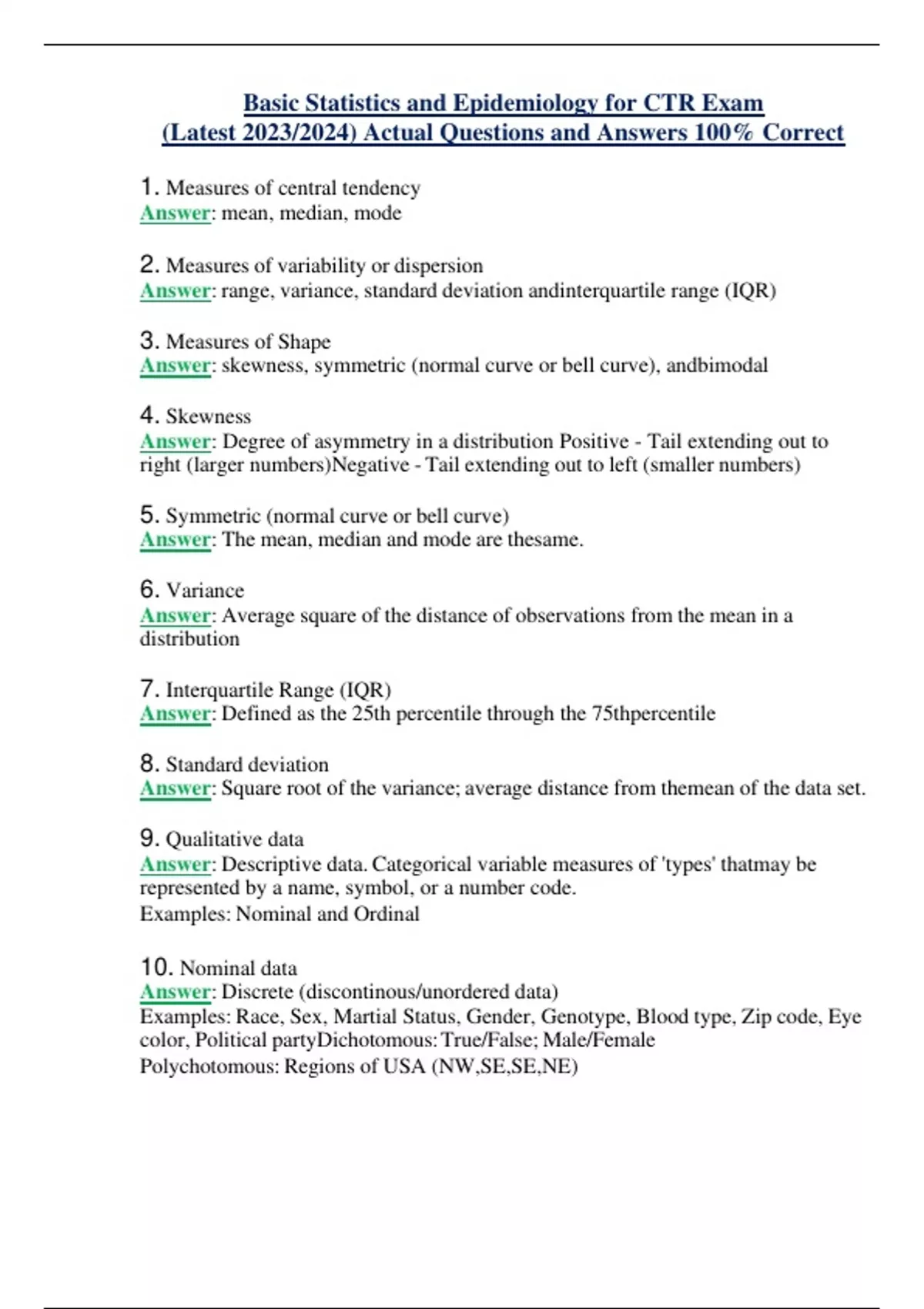 Basic Statistics and Epidemiology for CTR Exam (Latest 2023/2024