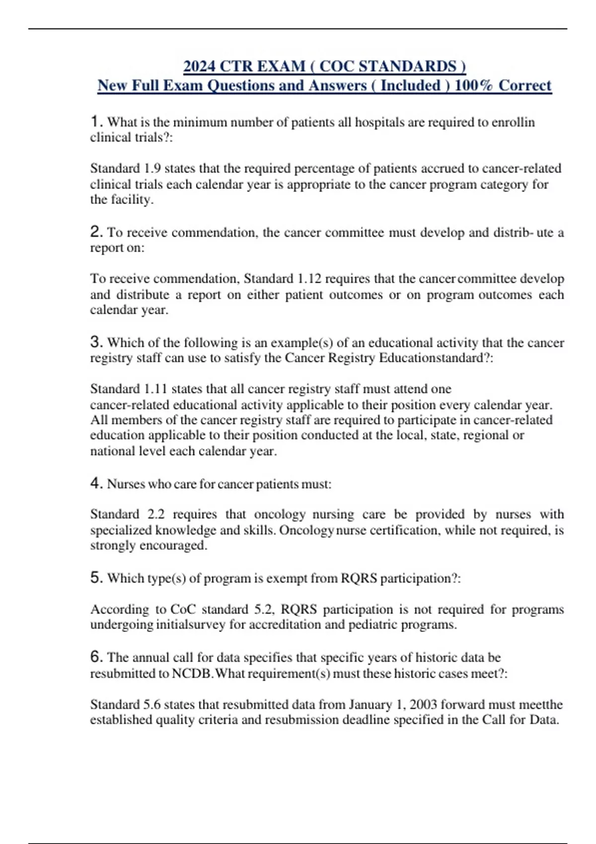 2024 CTR EXAM ( COC STANDARDS ) New Full Exam Questions and Answers ( Included ) 100 Correct