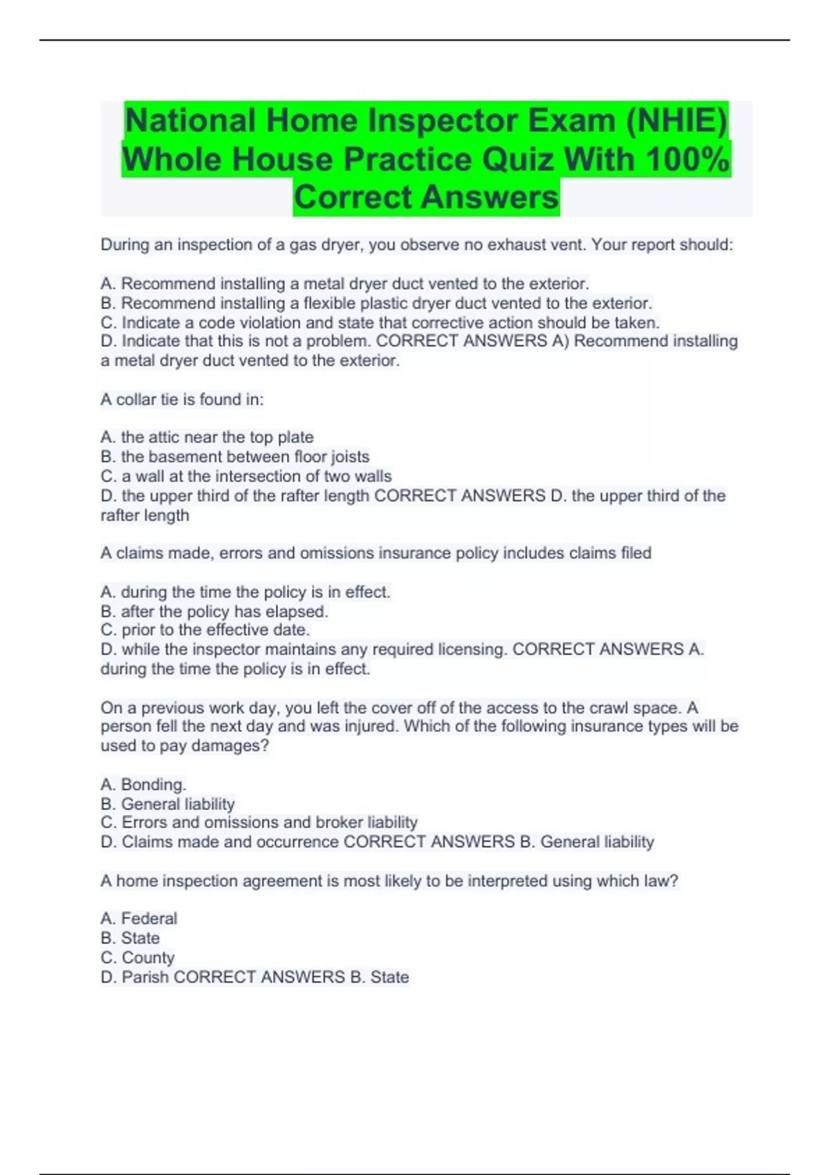 National Home Inspector Exam (NHIE) Whole House Practice Quiz With 100