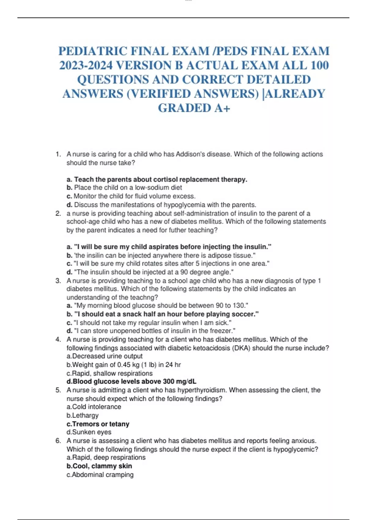 PEDIATRIC FINAL EXAM /PEDS FINAL EXAM VERSION B ACTUAL EXAM ALL 100