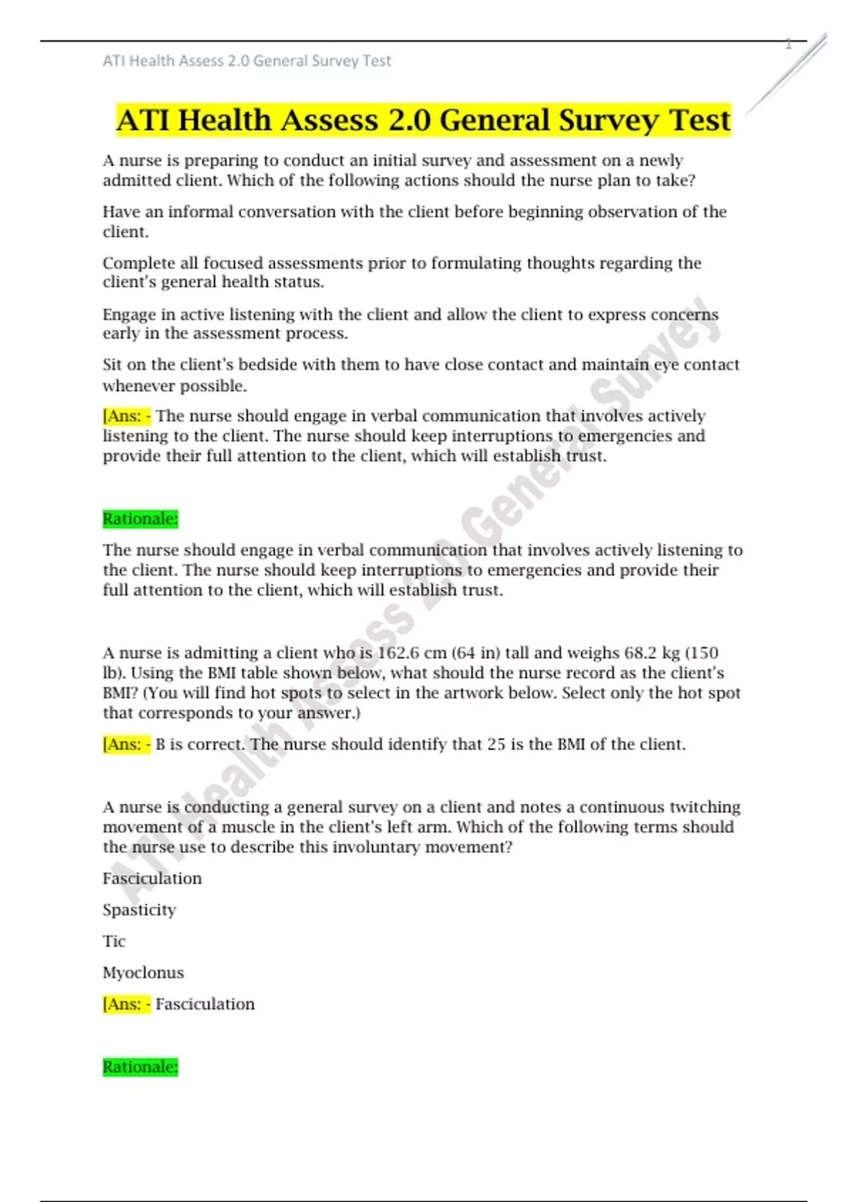 ATI Health Assess 2.0 General Survey Test Solved 100 Correct 2024