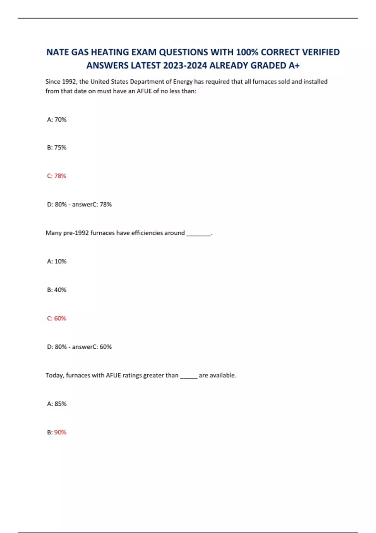 NATE GAS HEATING EXAM QUESTIONS WITH 100 CORRECT VERIFIED ANSWERS
