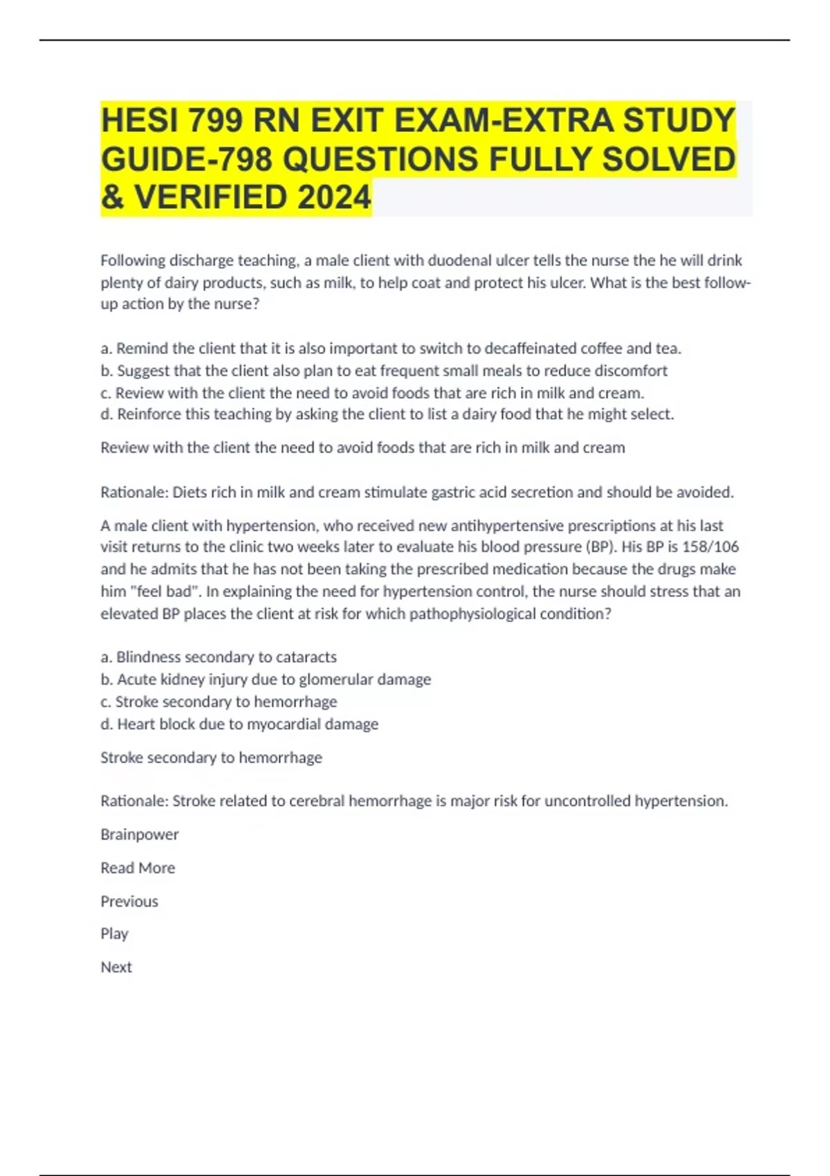 HESI 799 RN EXIT EXAM-EXTRA STUDY GUIDE-798 QUESTIONS FULLY SOLVED