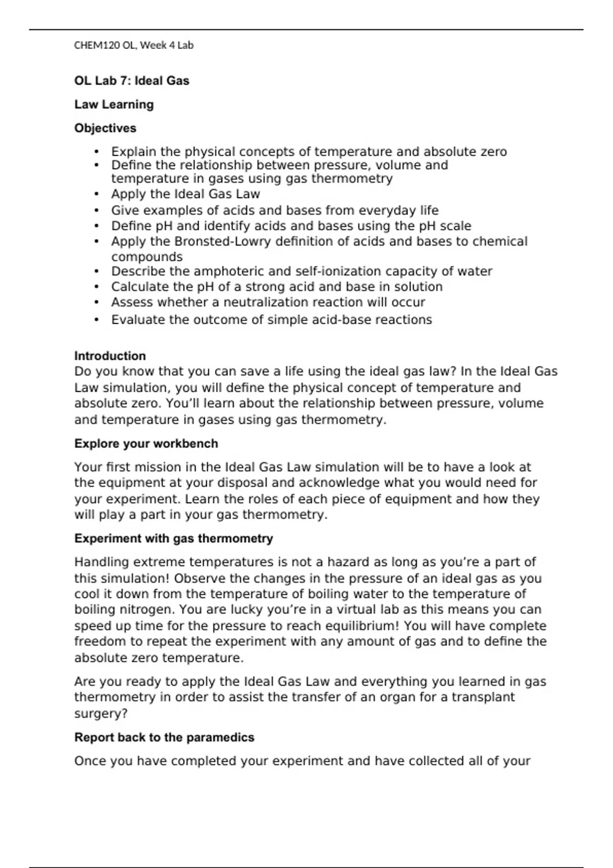 CHEM 120 Week 4 Virtual Lab; Ideal Gas Law Part I, Part II (CHEM120