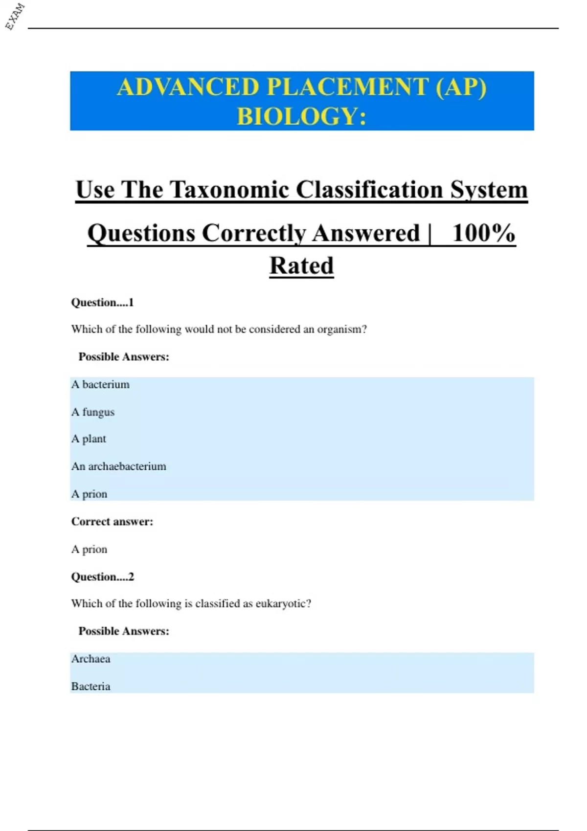 ADVANCED PLACEMENT (AP) BIOLOGY: Use The Taxonomic Classification ...