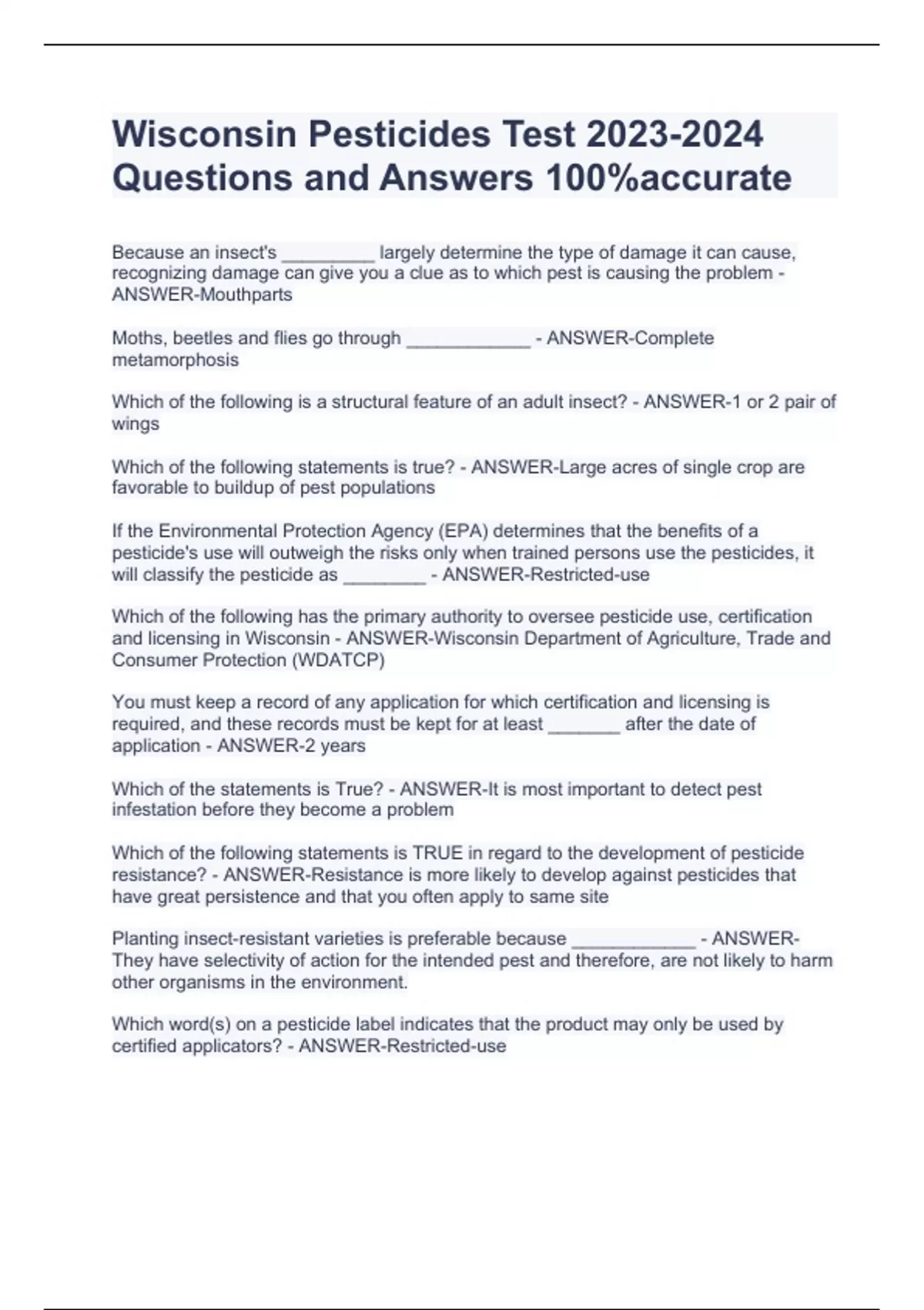 Wisconsin Pesticides Test Questions and Answers 100accurate Stuvia US