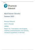 Pearson Edexcel GCE In Persian (9PN0) Paper 01 MARK SCHEME (Results) Summer 2023: Translation into English, reading comprehension and writing (research question) in Persian