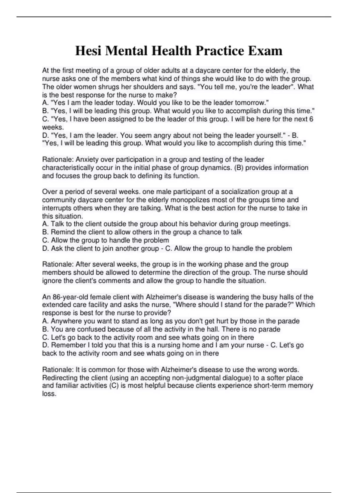 Hesi Mental Health Practice Exam Stuvia US