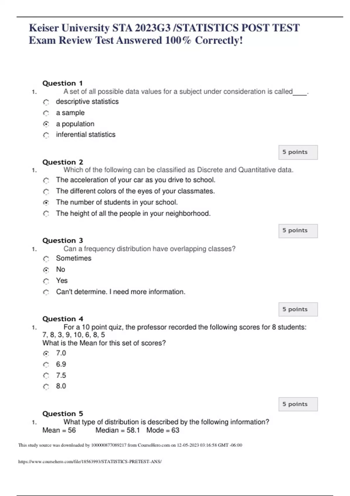 Keiser University STA 2023G3 STATISTICS POST TEST Exam Review Test