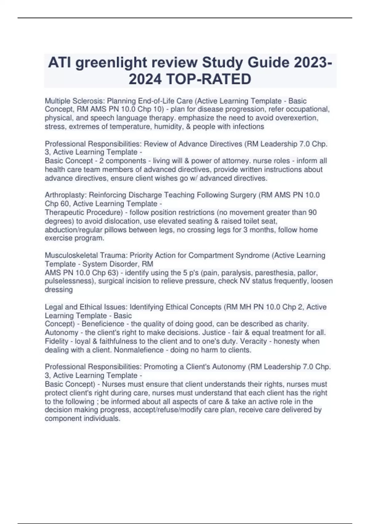 ATI greenlight review Study Guide TOPRATED ATI greenlight Stuvia US