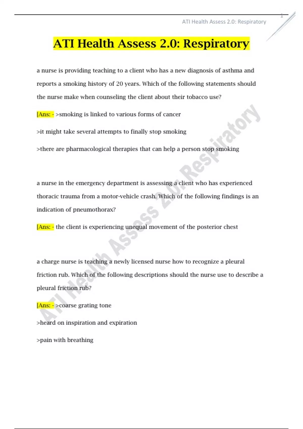 ATI Health Assess 2.0 Respiratory Questions with Complete Solutions