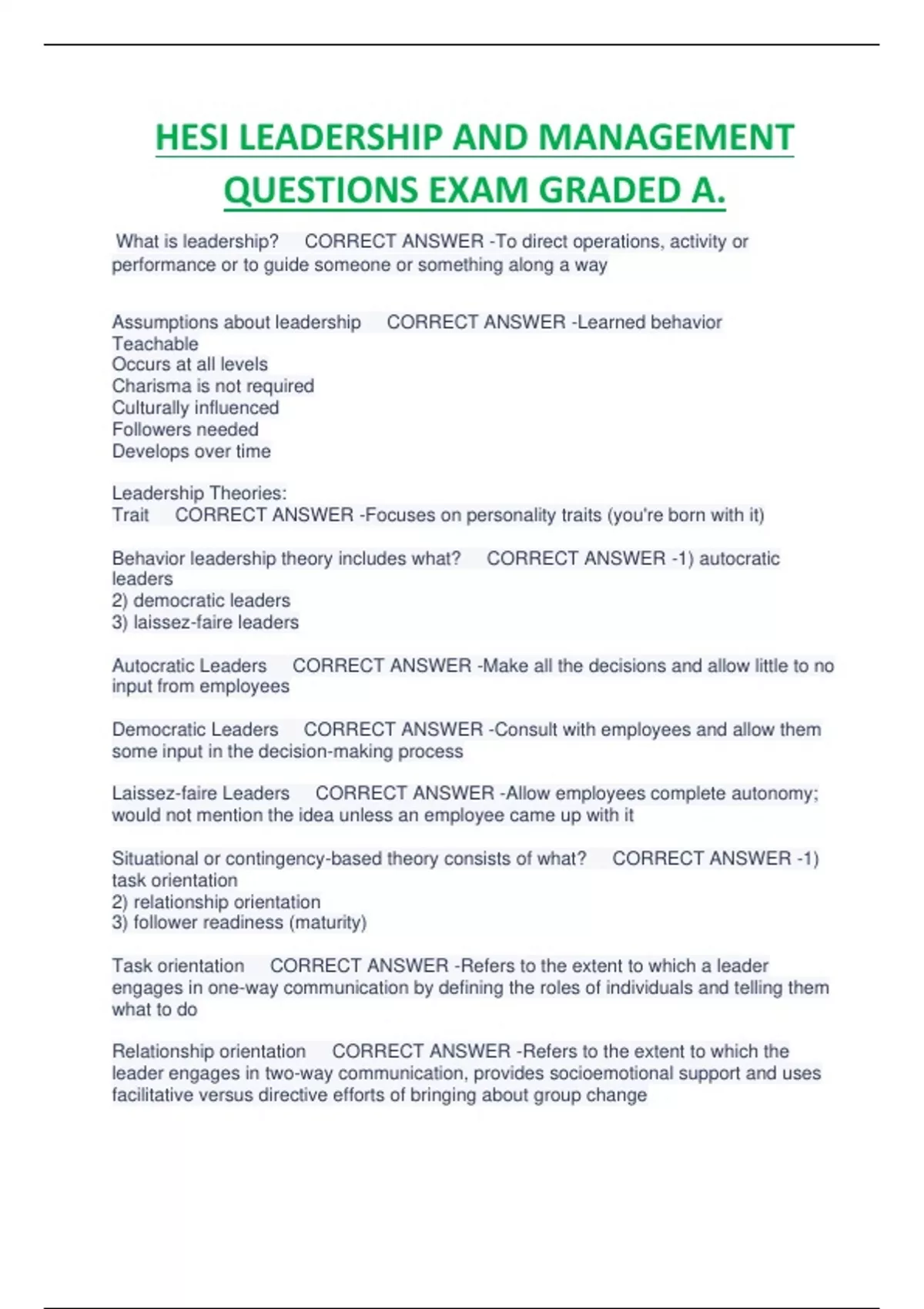 HESI LEADERSHIP AND MANAGEMENT QUESTIONS EXAM GRADED A. Stuvia US