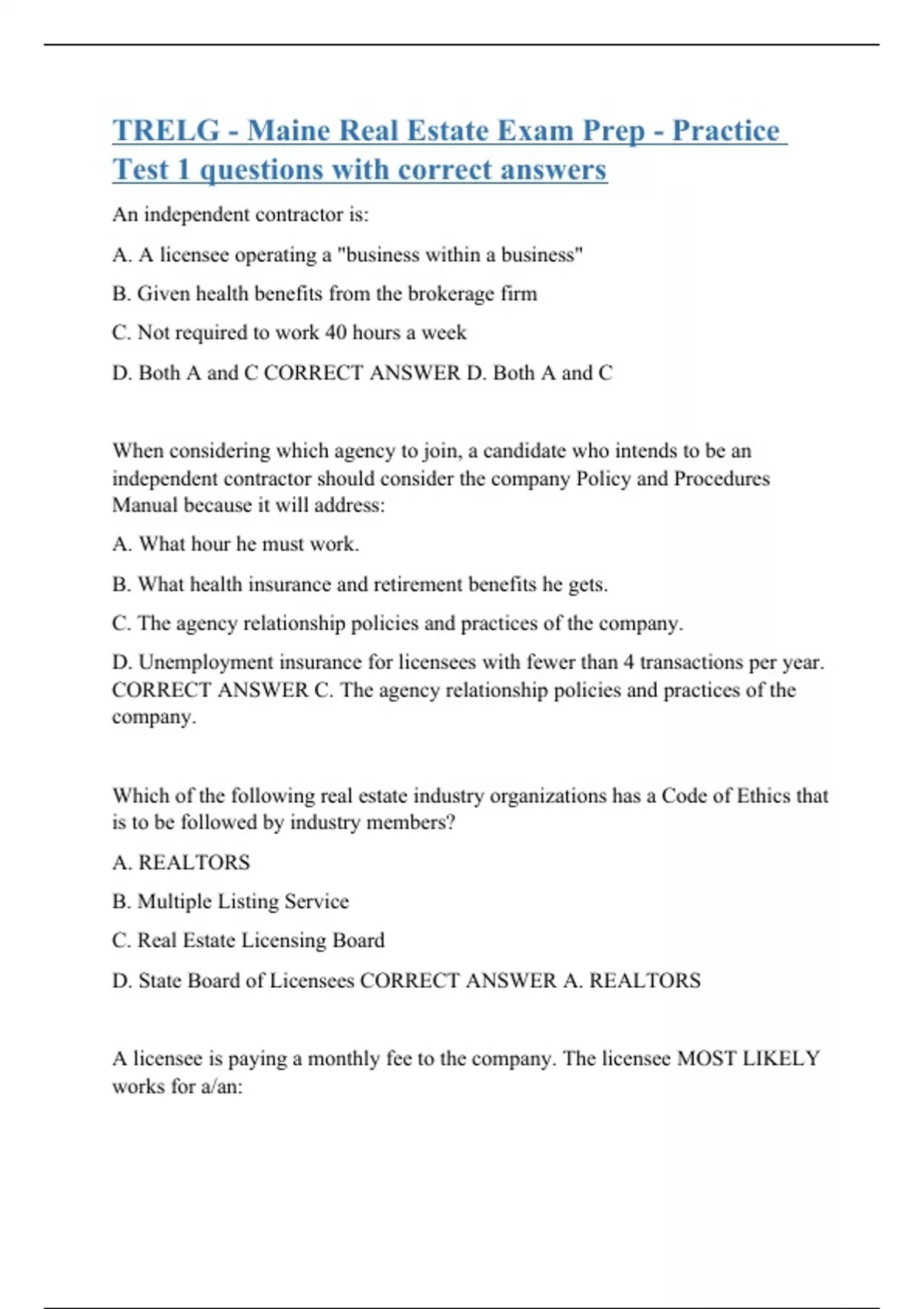 TRELG Maine Real Estate Exam Prep Practice Test 1 questions with