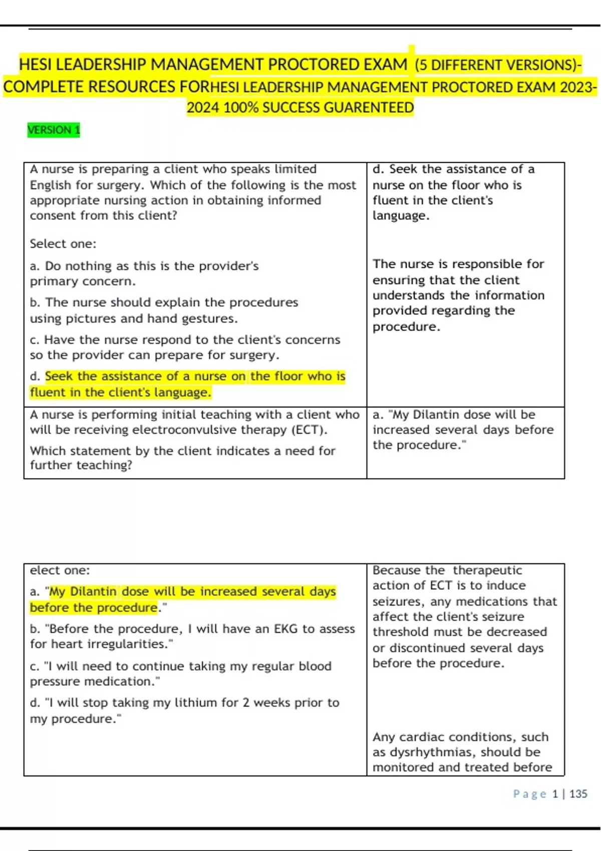 HESI LEADERSHIP MANAGEMENT PROCTORED EXAM (5 DIFFERENT VERSIONS