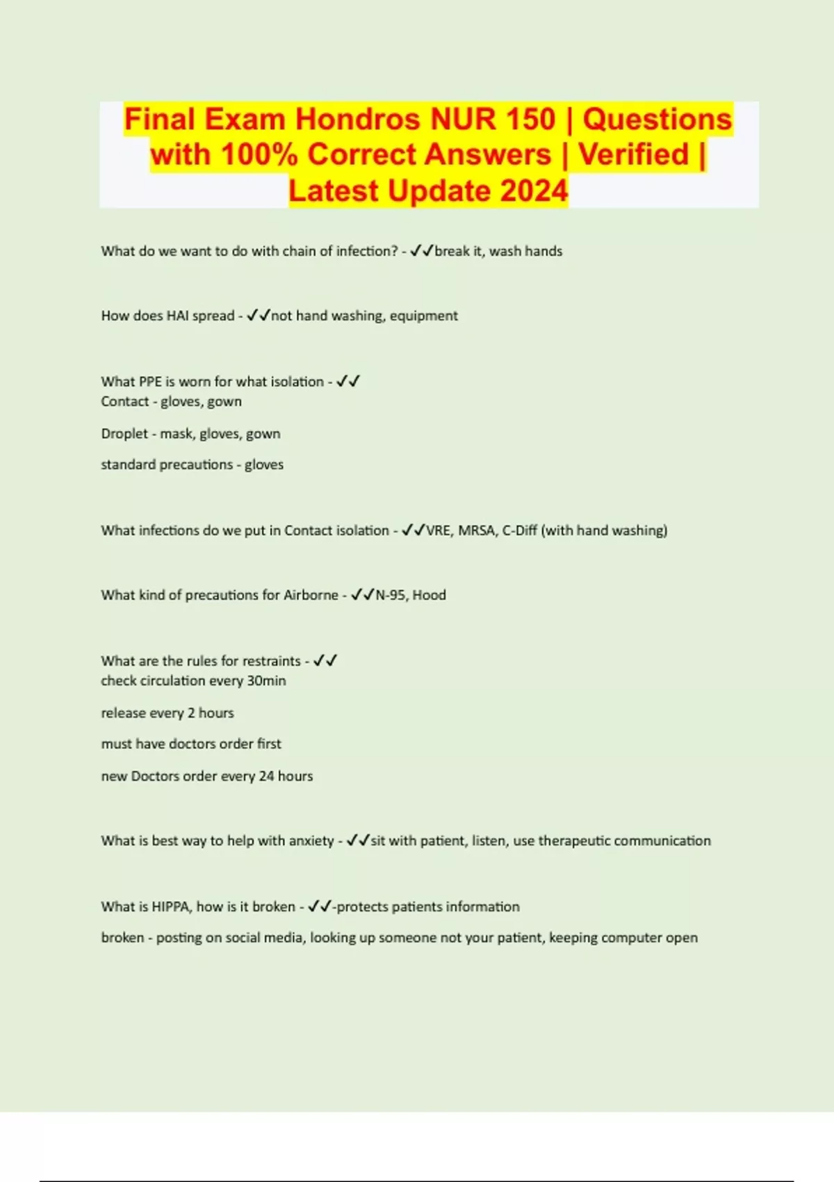 Final Exam Hondros NUR 150 | Questions with 100% Correct Answers ...