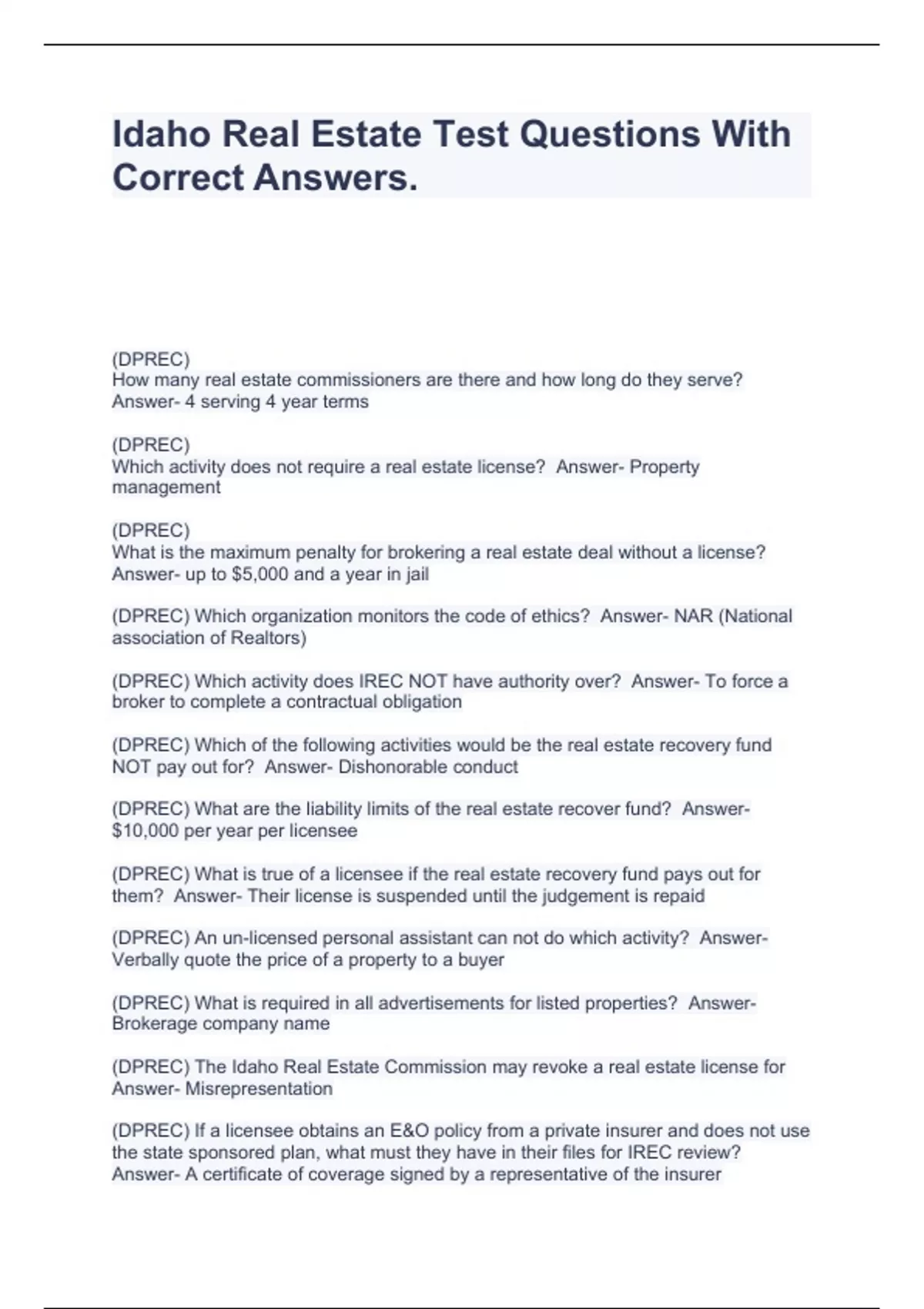 Idaho Real Estate Test Questions With Correct Answers. Stuvia US