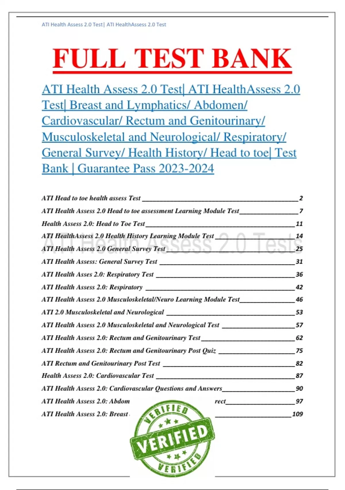 ATI Health Assess 2.0 Test ATI HealthAssess 2.0 Test Breast and