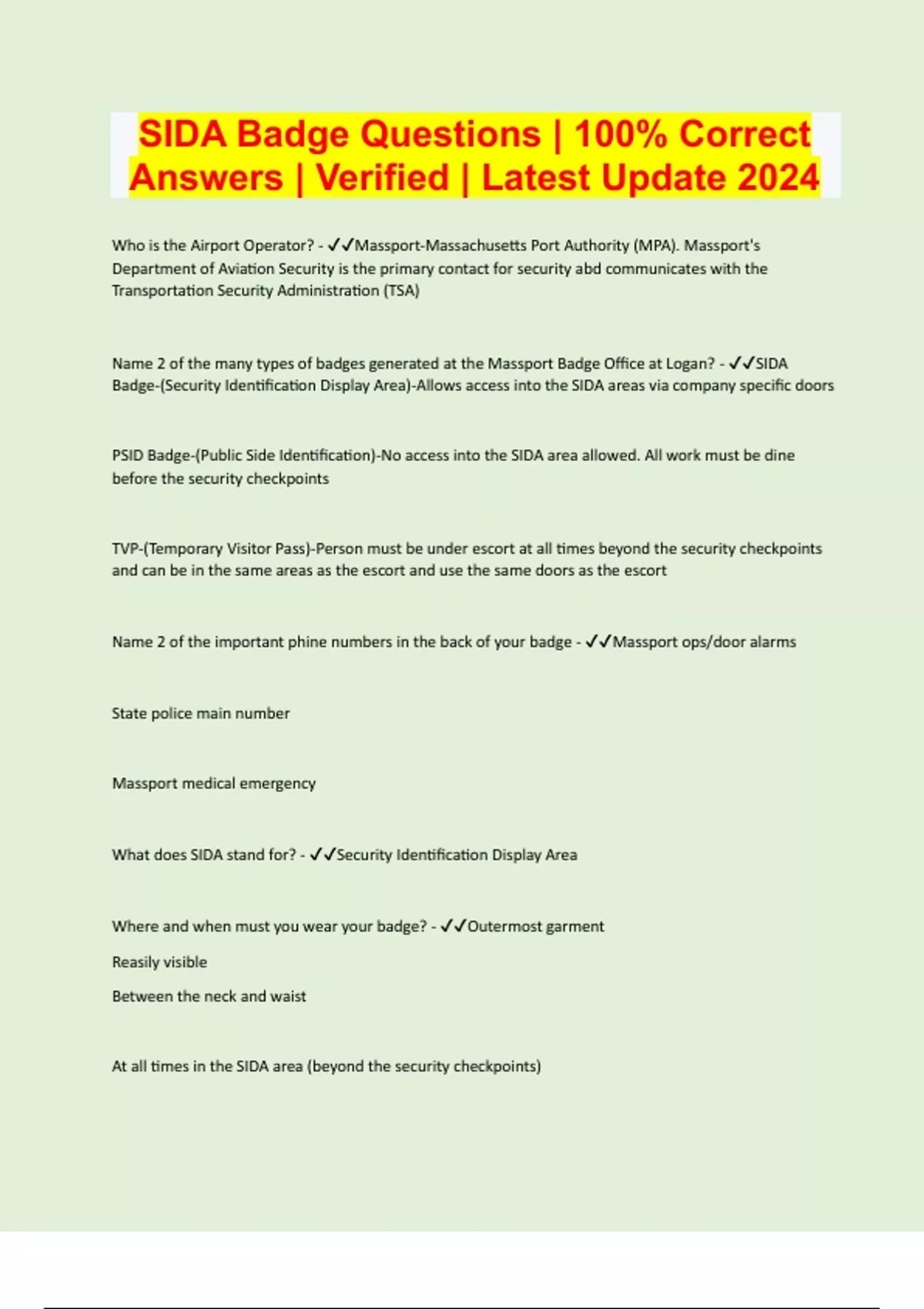 SIDA Badge Questions 100 Correct Answers Verified Latest Update