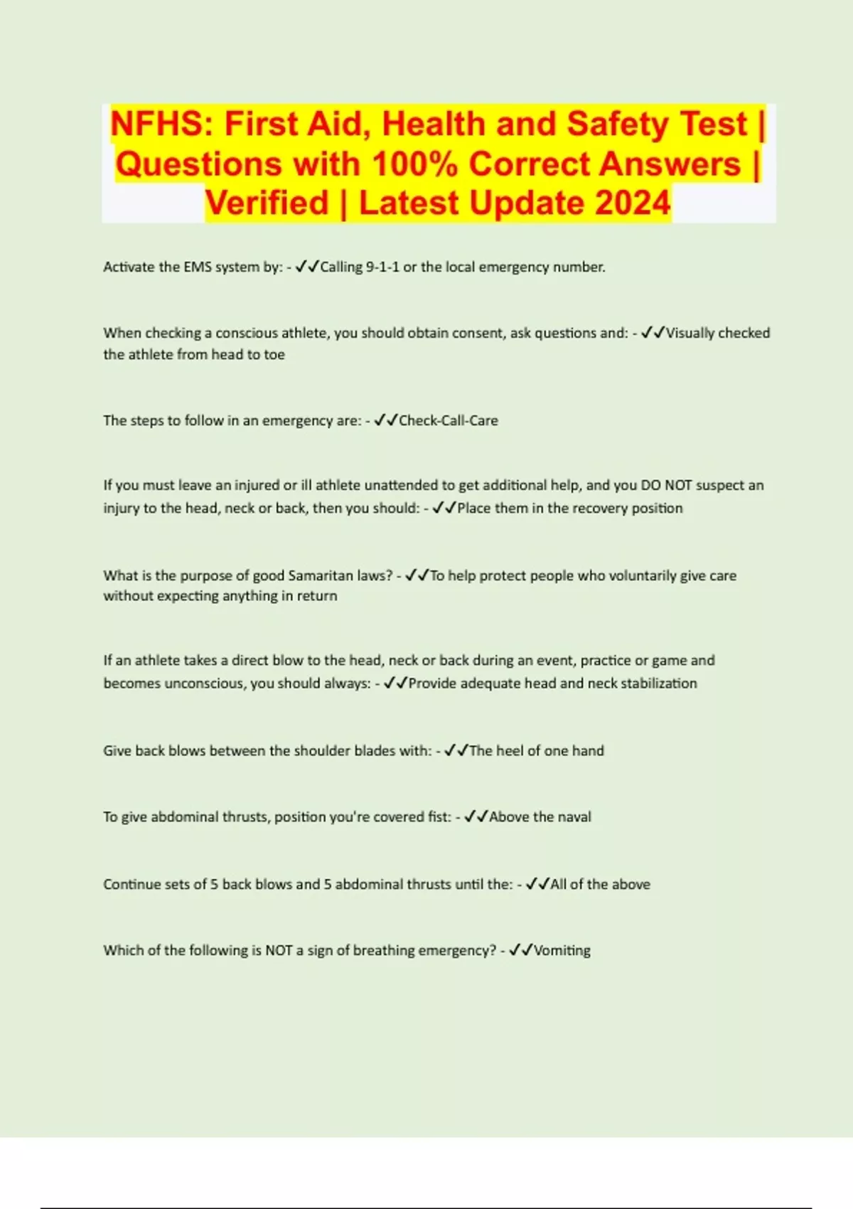 NFHS First Aid, Health and Safety Test Questions with 100 Correct