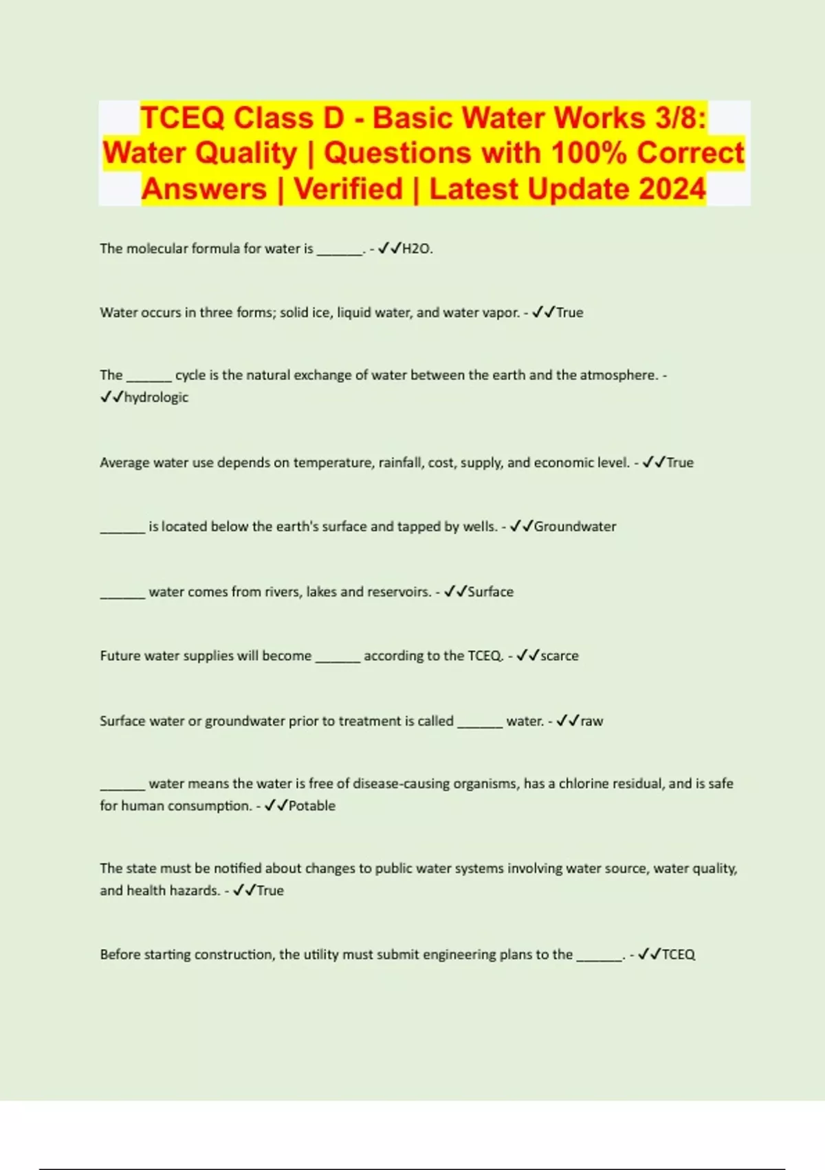 TCEQ Class D Basic Water Works 3/8 Water Quality Questions with