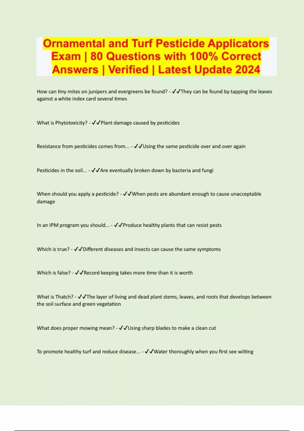 Ornamental and Turf Pesticide Applicators Exam 80 Questions with 100