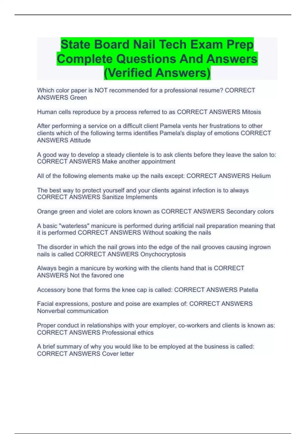 State Board Nail Tech Exam Prep Complete Questions And Answers