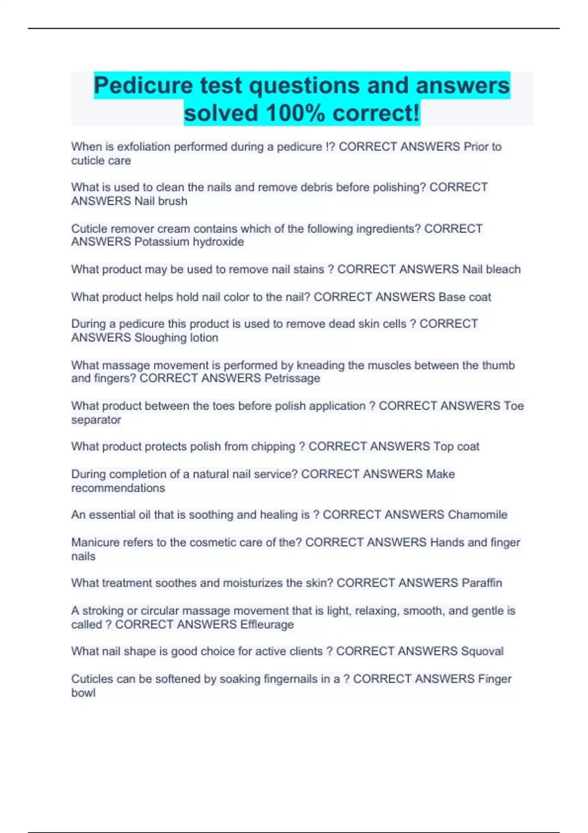 Pedicure test questions and answers solved 100 correct! Stuvia US